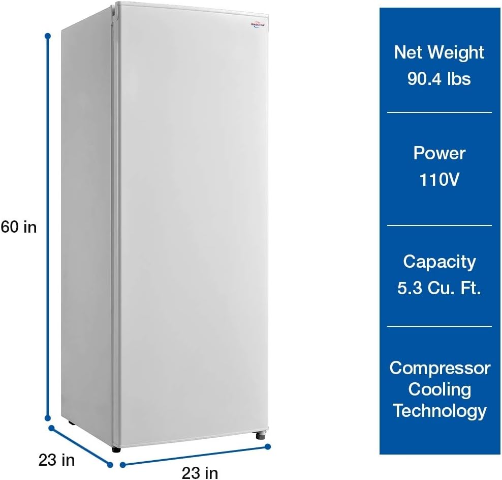 Koolatron Compact Upright Freezer, 5.3 cu ft (150L), White, Manual Defrost Design, Space-Saving Flat Back, Reversible Door, for Home, Apartment, Condo, Cottage