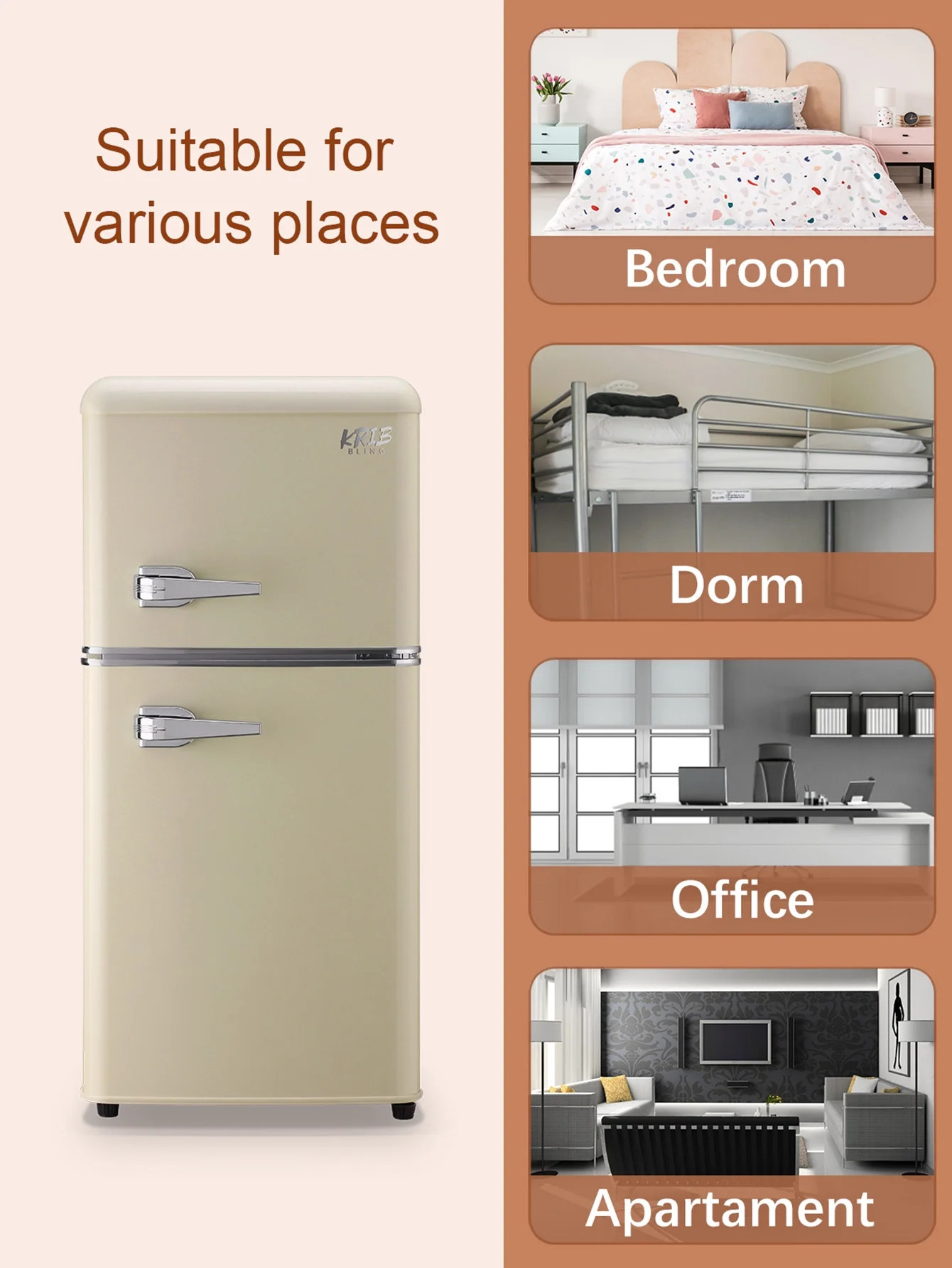 KRIB BLING 3.5 Cu.ft Mini Fridge with 7 Level Thermostat, Compact Refrigerator with Freezer on Top, Ideal for Dorm, Office, Cream