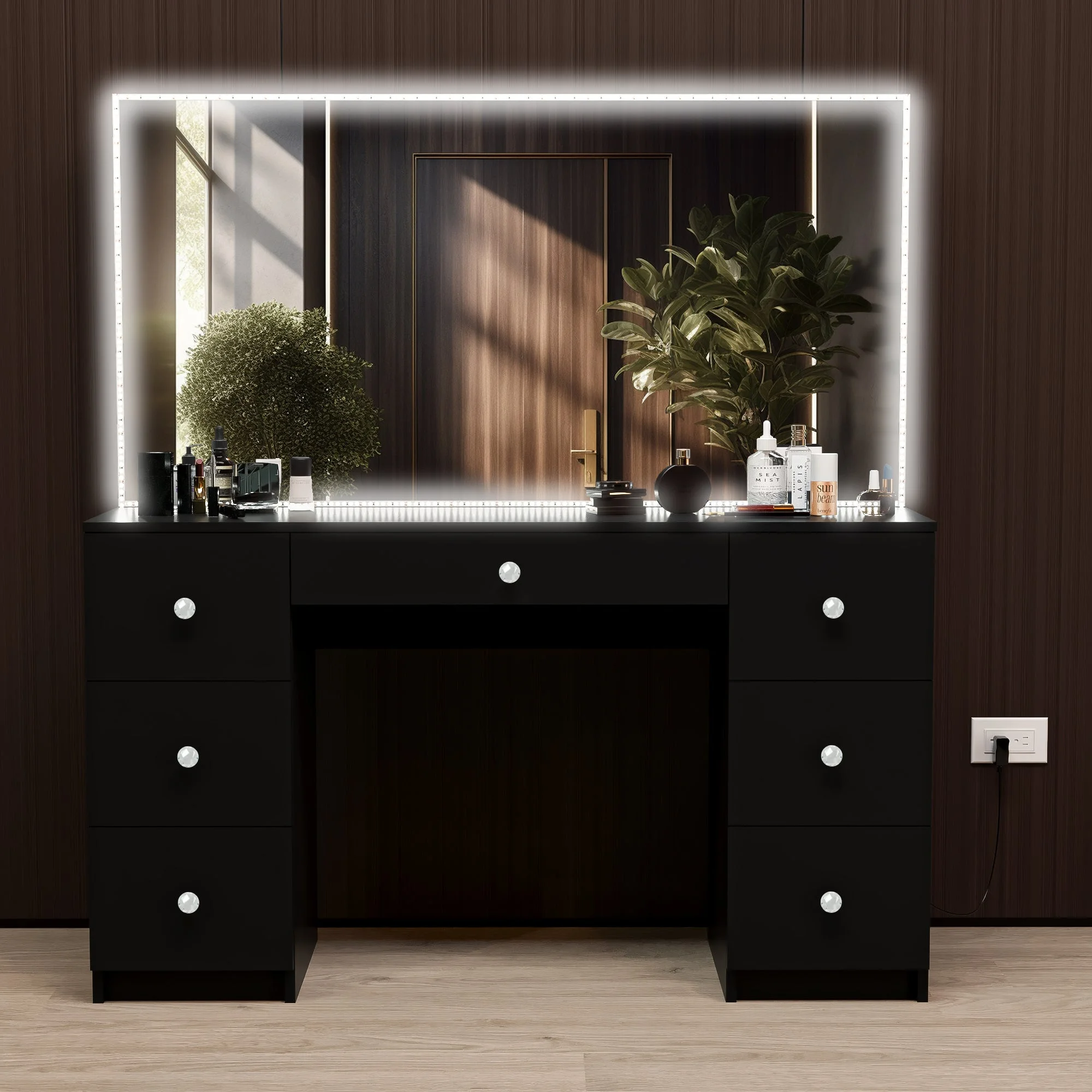 Boahaus Sabrina Modern Black Vanity Desk with LED Lights, Crystal Ball Knobs, for Bedroom