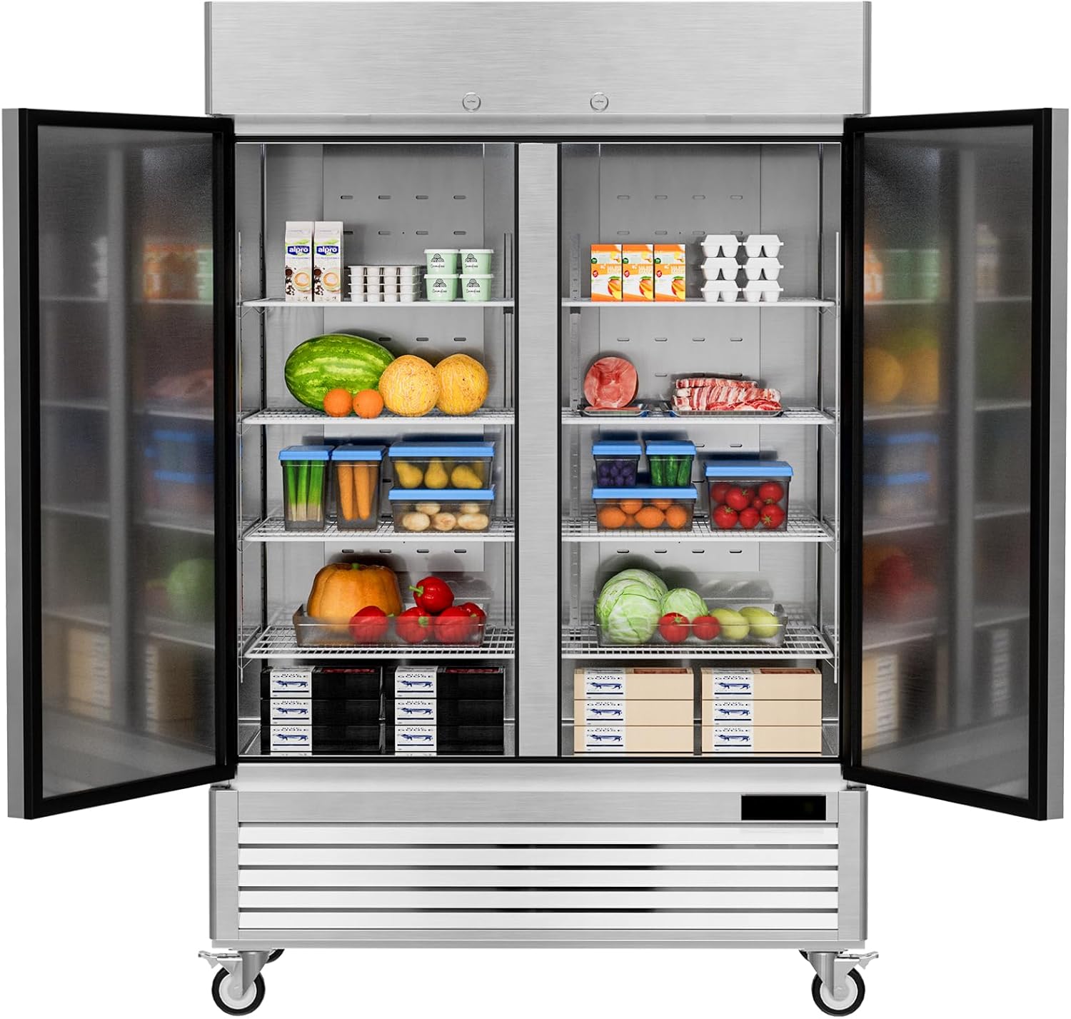54" Commercial Freezers Upright 2 Door Stainless Steel Reach In Freezer with 8 Shelves, 49 Cubic Feet Air Cooling Auto Defrost Freezer for Restaurant Kitchen Garage, ETL NSF Approved