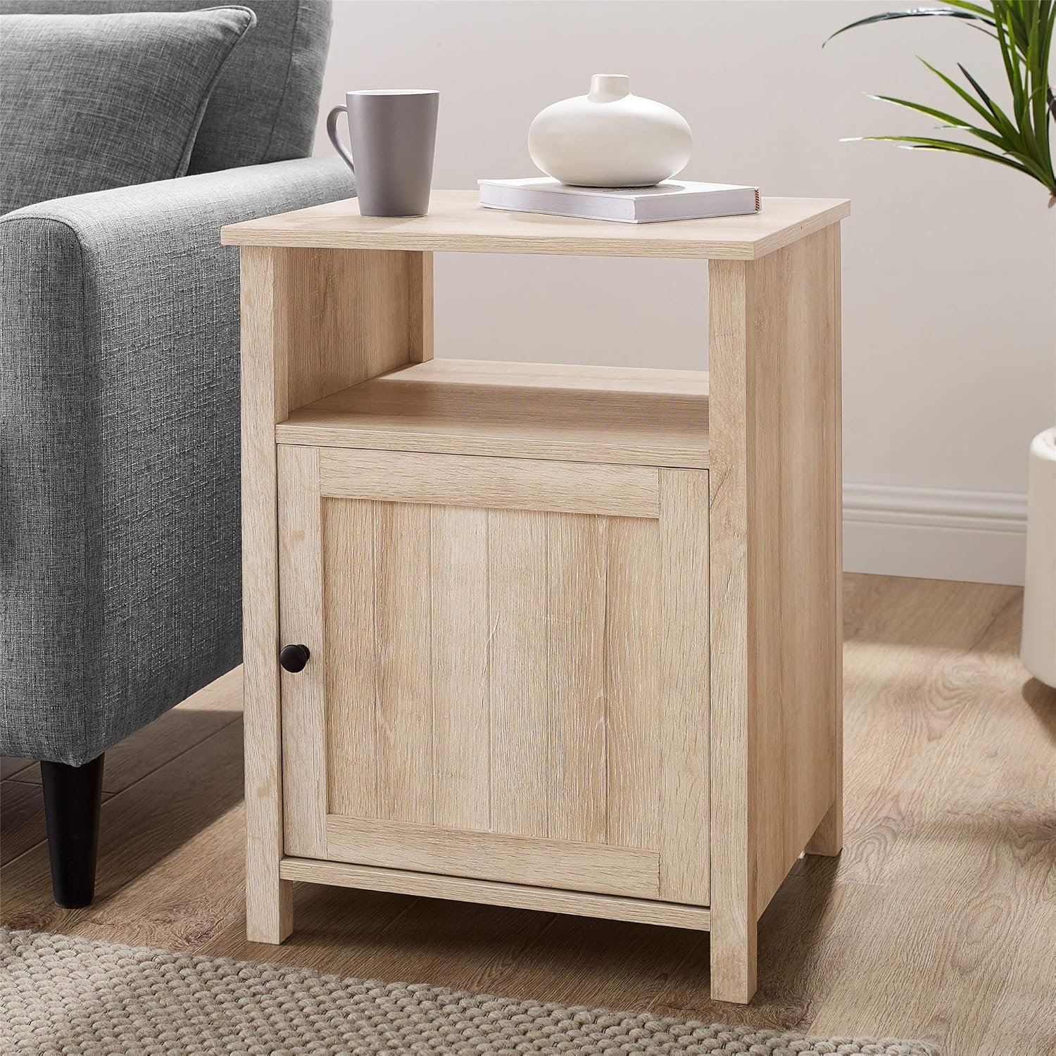 Walker Edison Modern Farmhouse Grooved Door Wood Side Accent Table Living Room Storage Small End Table With Cabinet Door, 18 Inch, Grey Wash