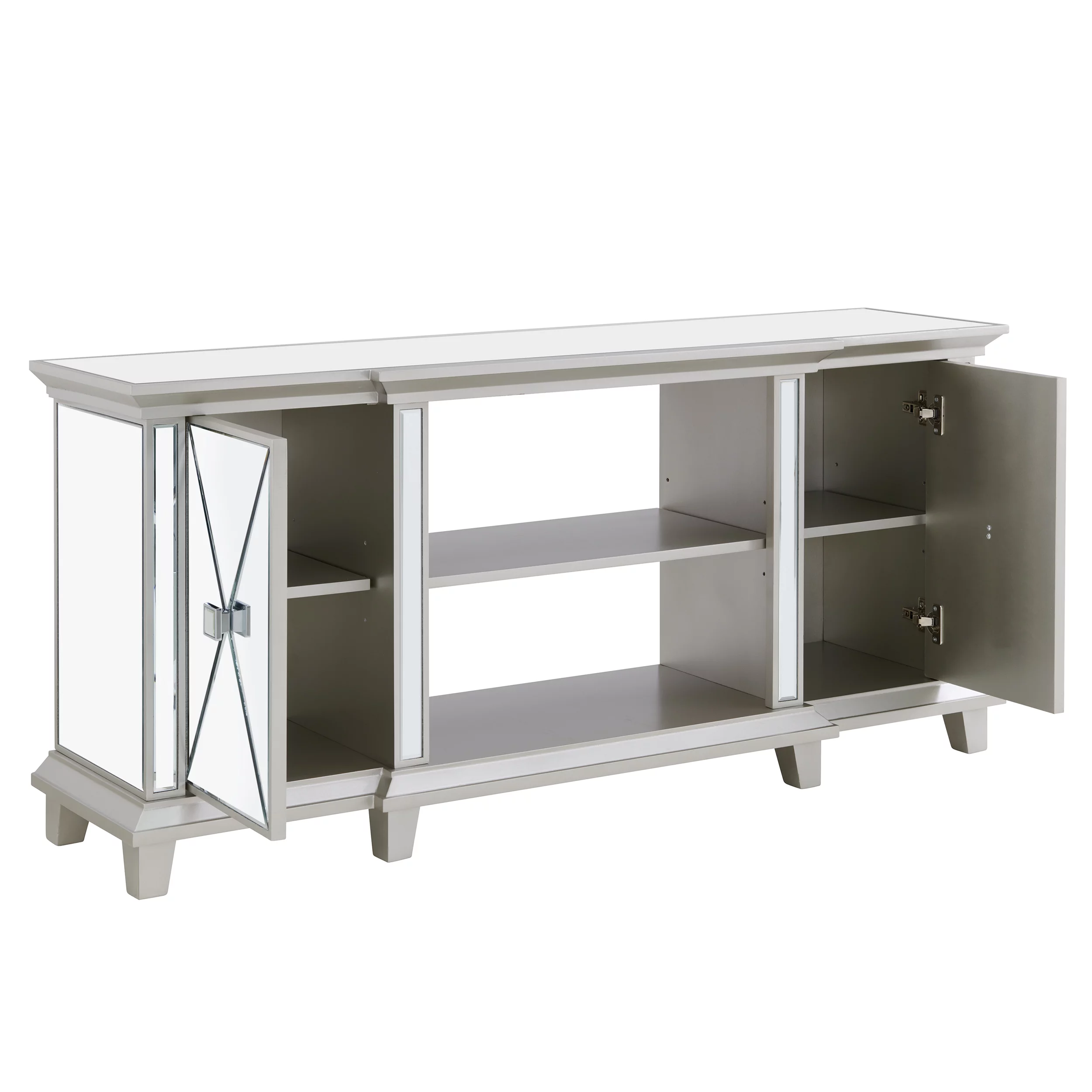 SEI Paddington Glam style Mirrored Media Console w/ Storage in Mirror and silver finish