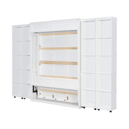 KLMM Wooden Murphy Bed Wall Bed with 2 Wardrobe and Storage Shelf,Foldable Platform Bedframe for Guest-Room Bedroom Study Office Use (White#E, Full)