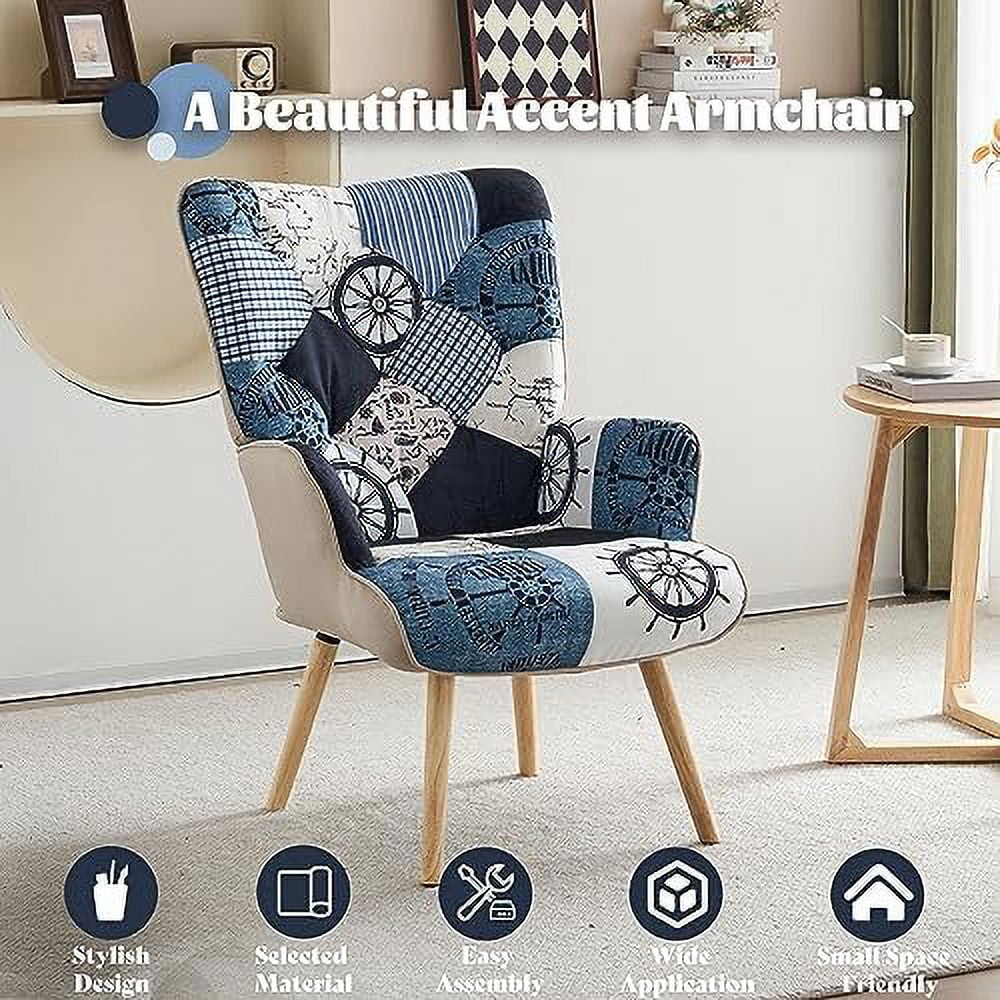 NLIBOOMLife Living Room Accent Chair with High Backrest Wooden Base Upholstered Armchair for Small Spaces Morden Cozy Chair for Bedroom Grey Plaid Bohemian Style for Bedroom Waiting Room