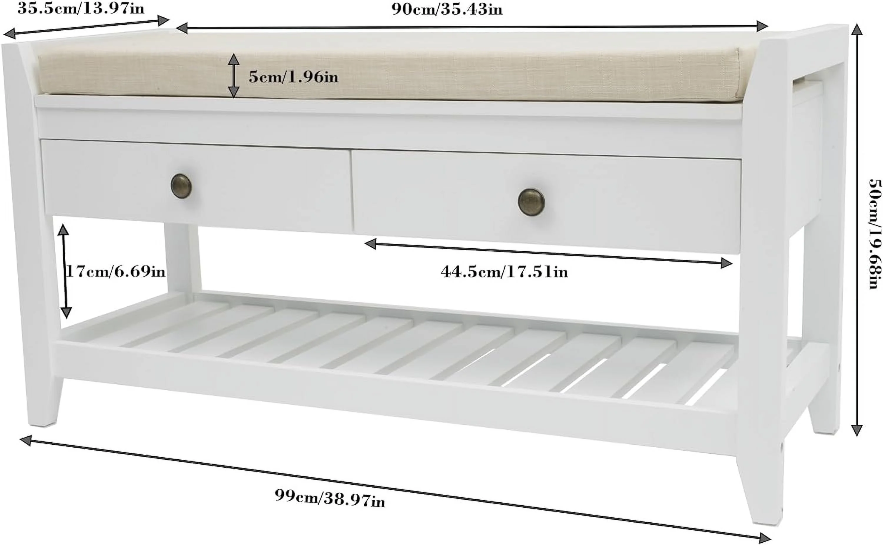 YGDU Shoe Storage Bench with Cushioned Seat, Entryway Bench with Storage, Wooden End of Bed Bench, Shoe Cabinet Bench with 2 Drawers and Storage Shelf, for Bedroom, Hallway, Living Room, Blue