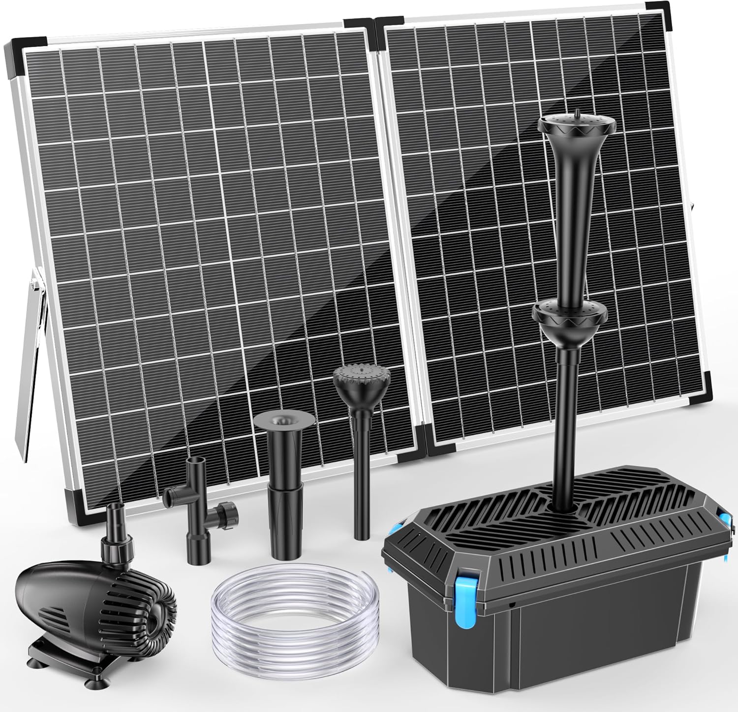 Antfraer 55W Solar Pond Filter with Water Pump, Solar Fountain Pump with Pond Filter Kit, Solar Pond Filter Box, 6.6 Clear Tubing for Outdoor Pond Garden Fountain Waterfall Water Feature
