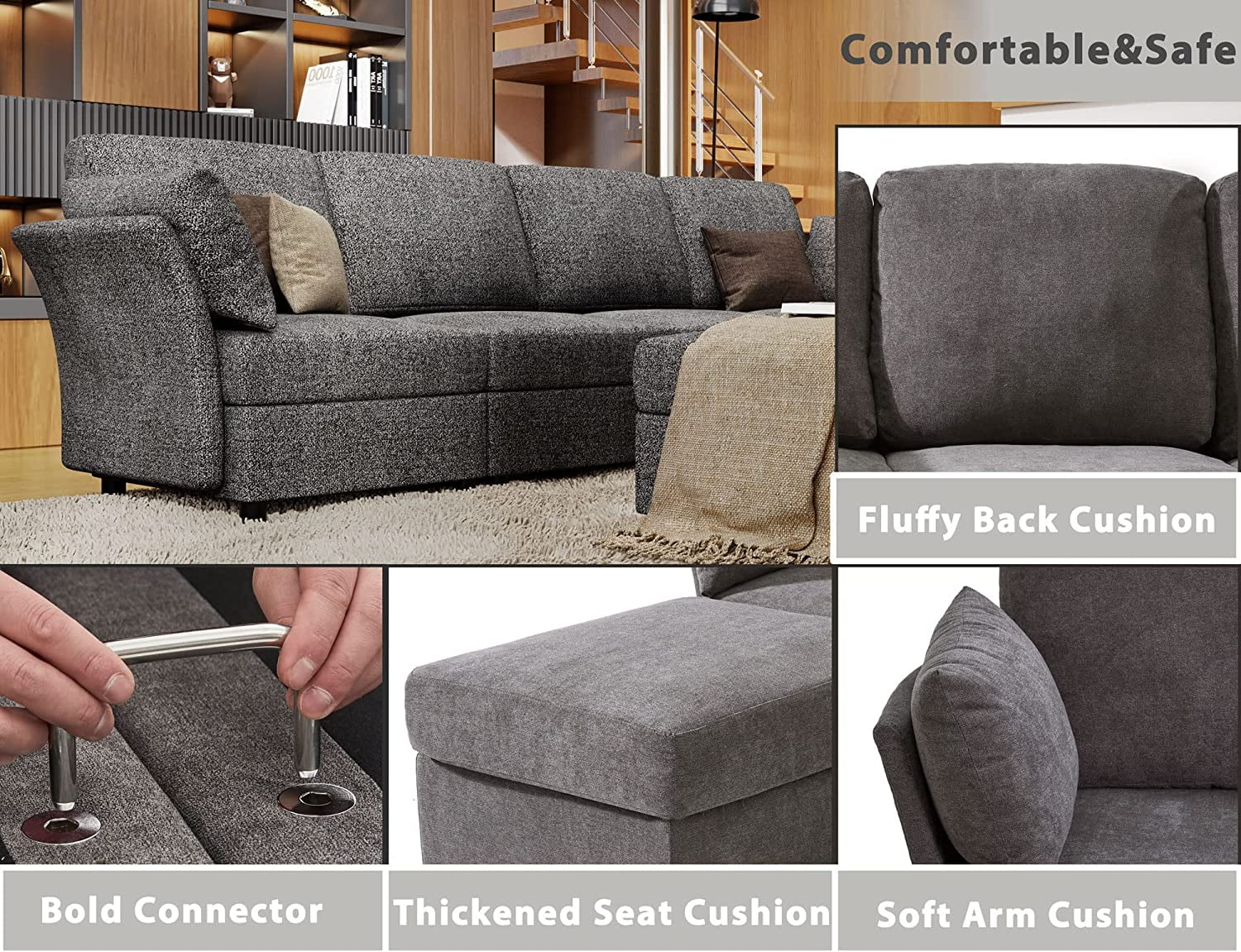 Amerlife Sectional Sofa, U-Shape Couch with Ottomans, 6 Seat Sofa Couch for Living Room, Dark Grey