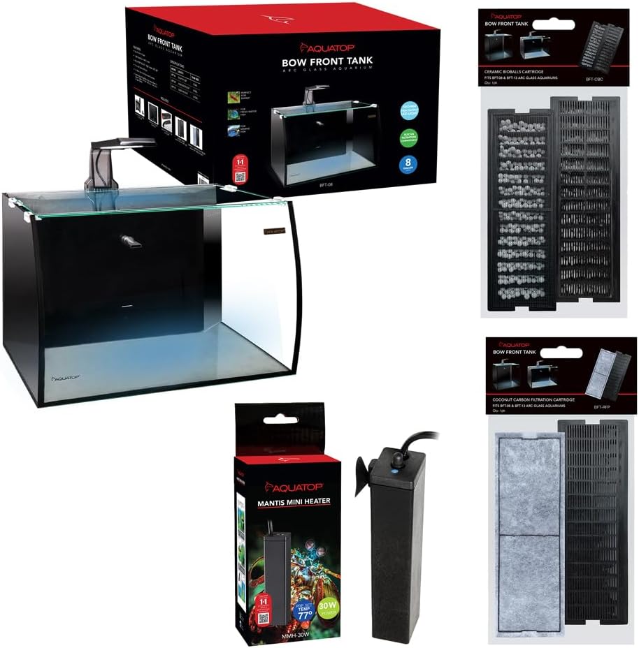 Aquatop Veritcal Bowfront 8 Gallon Glass Aquarium w/Filtration Cartridges & Mini Fish Tank Heater