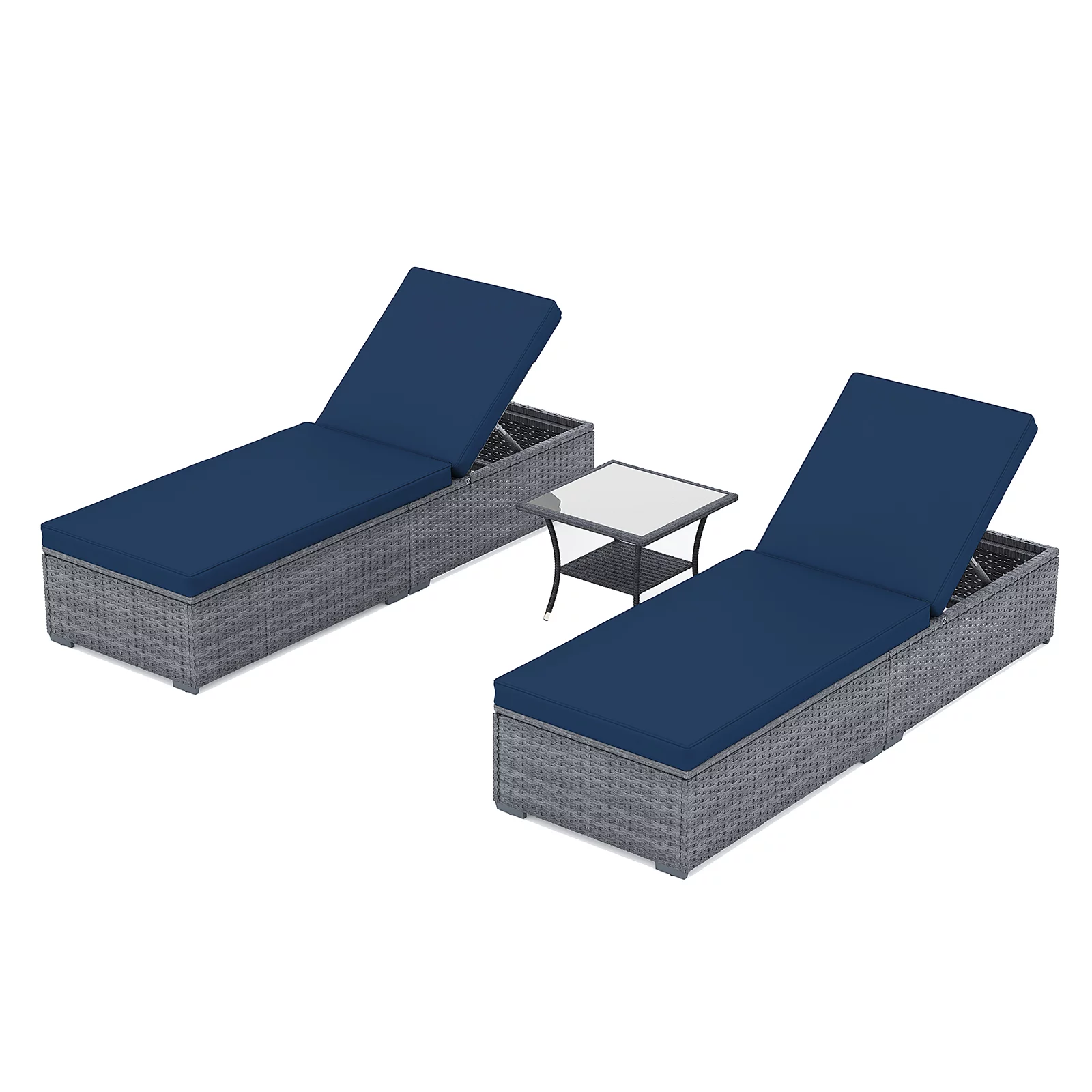 JOIVI Outdoor Chaise Lounge Chair, 3 Piece Patio Reclining Sun Lounger with Coffee Table, All Weather PE Rattan Adjustable Lounge Chair, Patio Pool Lounge Chairs with Removable Cushion, Navy Blue