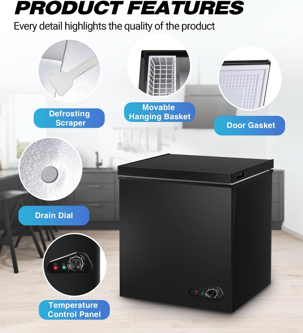 Deep Freezer, 3.5 Cu.Ft Chest Freezer, Small Top Door Deep Freezer with 7 Adjustable Temperature and Removable Basket, Energy Saving for Home Kitchen Office Black