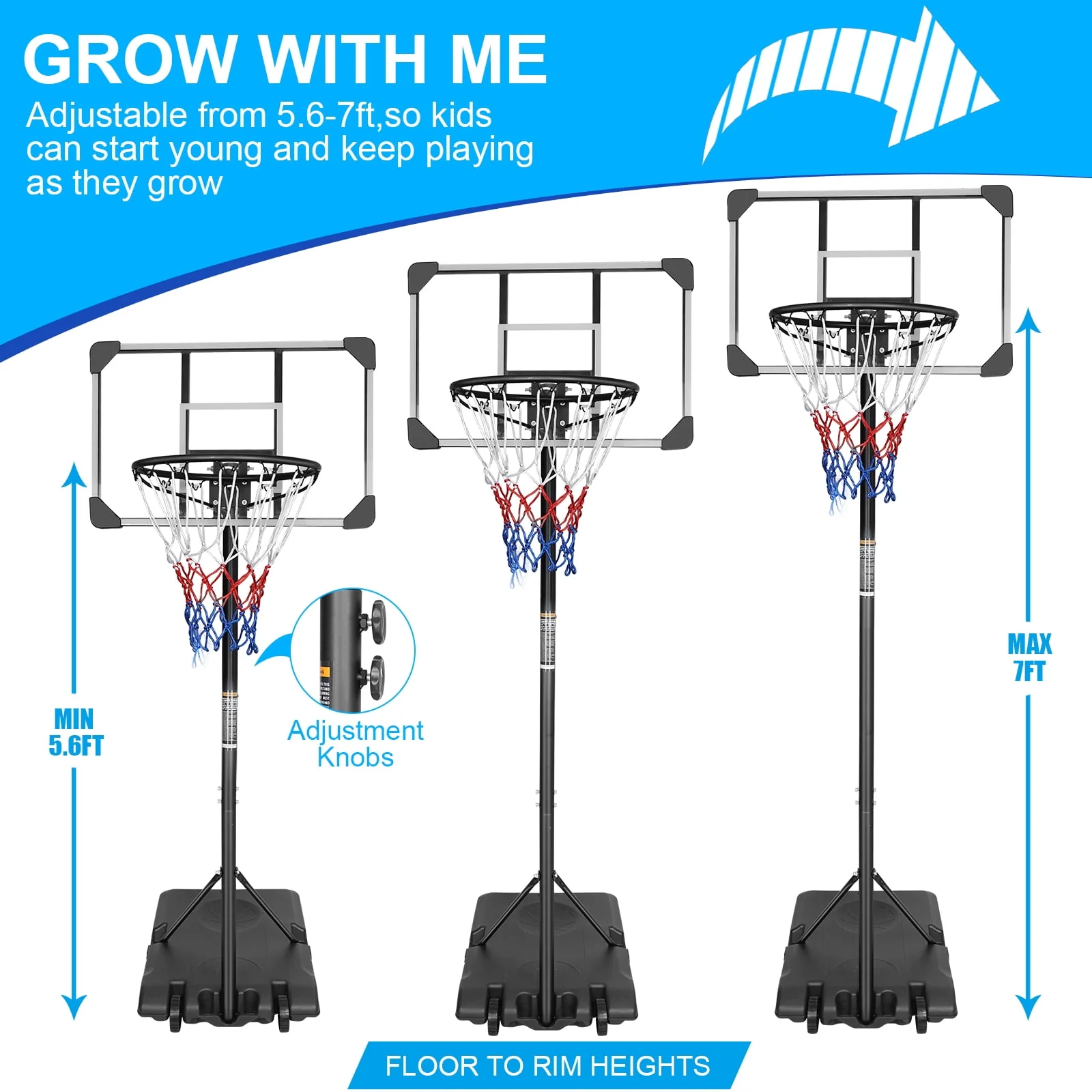 HooKung Portable Basketball Hoops Height Adjustable 5.6ft -7ft Basketball System 28'' Backboard with Wheels for Teenagers Youth Indoor Outdoor Use