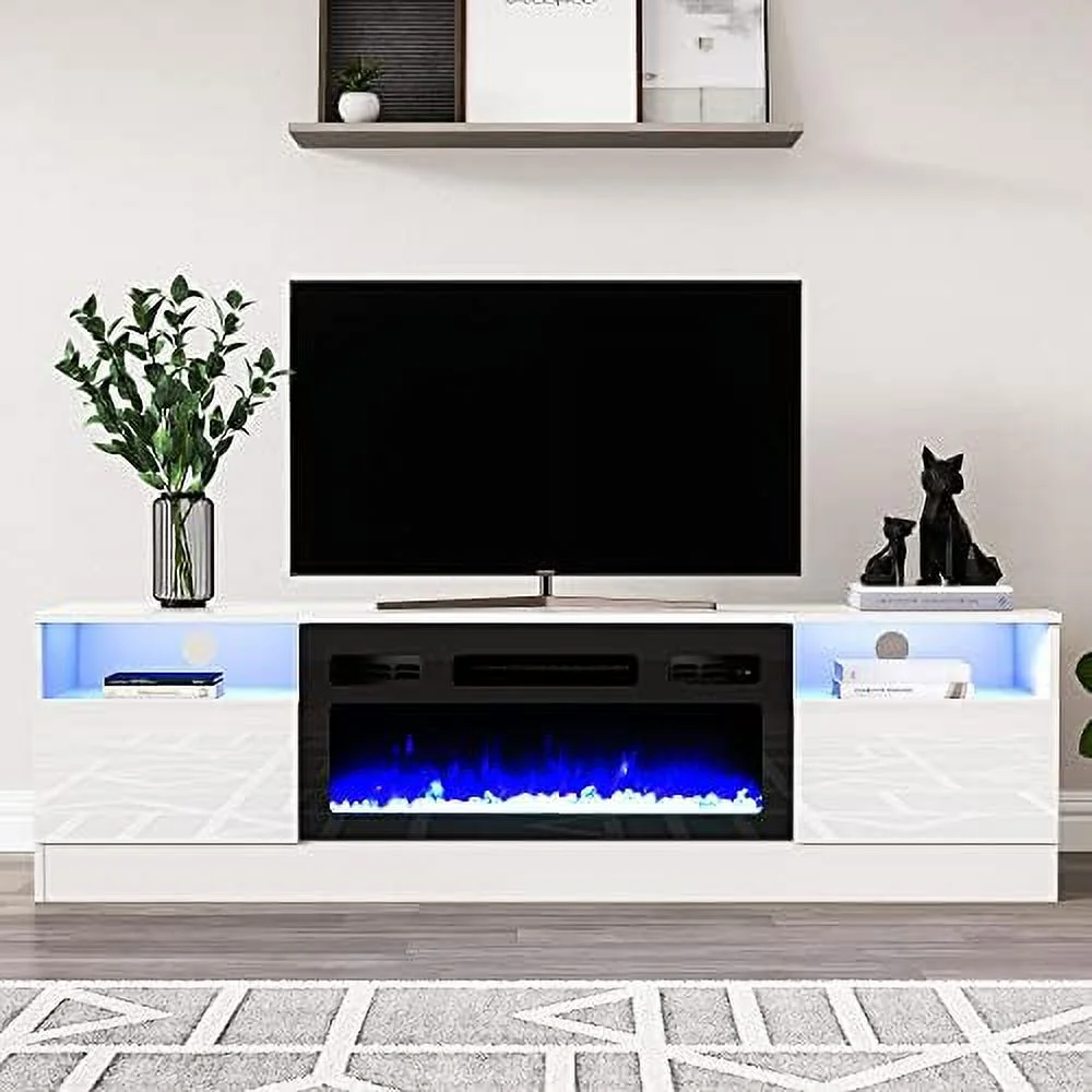 TJUNBOLIFE Fireplace TV Stand for 75 inch TV  LED TV Entertainment Center with 30" Electric Fireplace  High Gloss Modern Television Stand  White