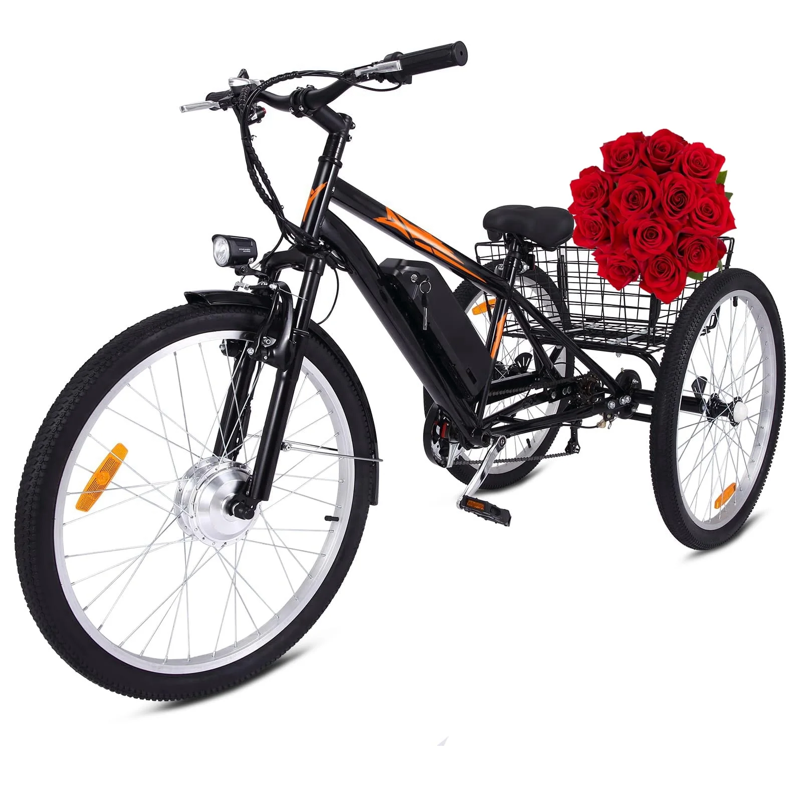 Soonbuy Electric Tricycle 24 Electric Trike, 7 Speeds Motorized Three Wheel Electric Bicycle, 3 Wheels Adult Electric Tricycle with Large Basket,Orange
