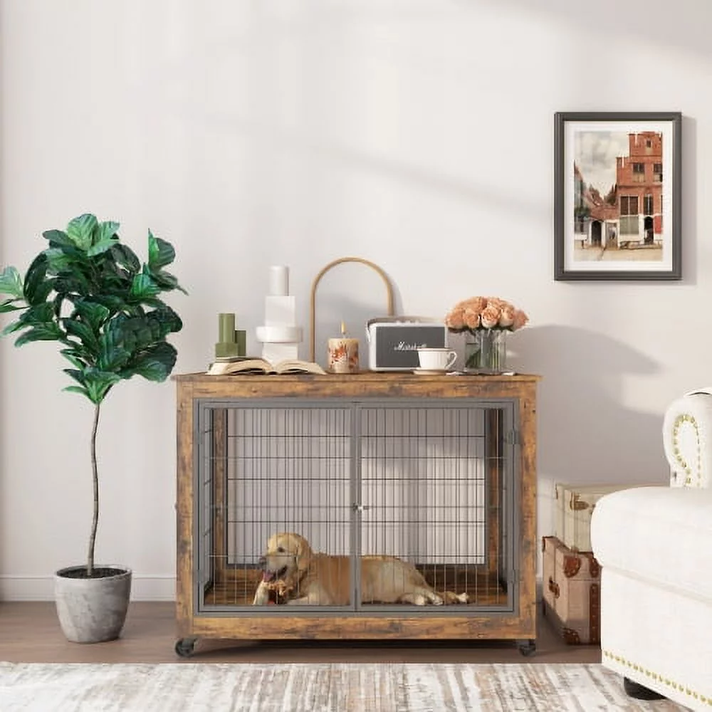 Schnappi Furniture Style Dog Crate Side Table on Wheels with Double Doors and Lift Top.（Rustic Brown,43.7’’w x 30’’d x 31.1’’h）