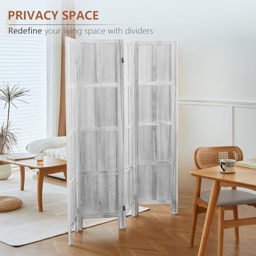 Wood Room Divider 4 Panel, 5.6 FT Tall Room Divider and Folding Privacy Screen, Partition Divider for Room Separation, Wooden Wall Divider Screen for Home Office Bedroom (Retro White)