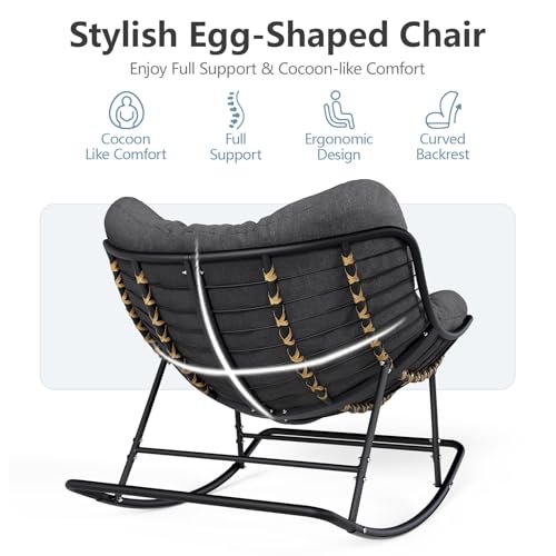 SWITTE Papasan Rocking Chair Outdoor Indoor, Oversized Egg Wicker Rocker with Cushion, Supports 450 lbs, Patio Chair for Balcony or Living Room - Gray