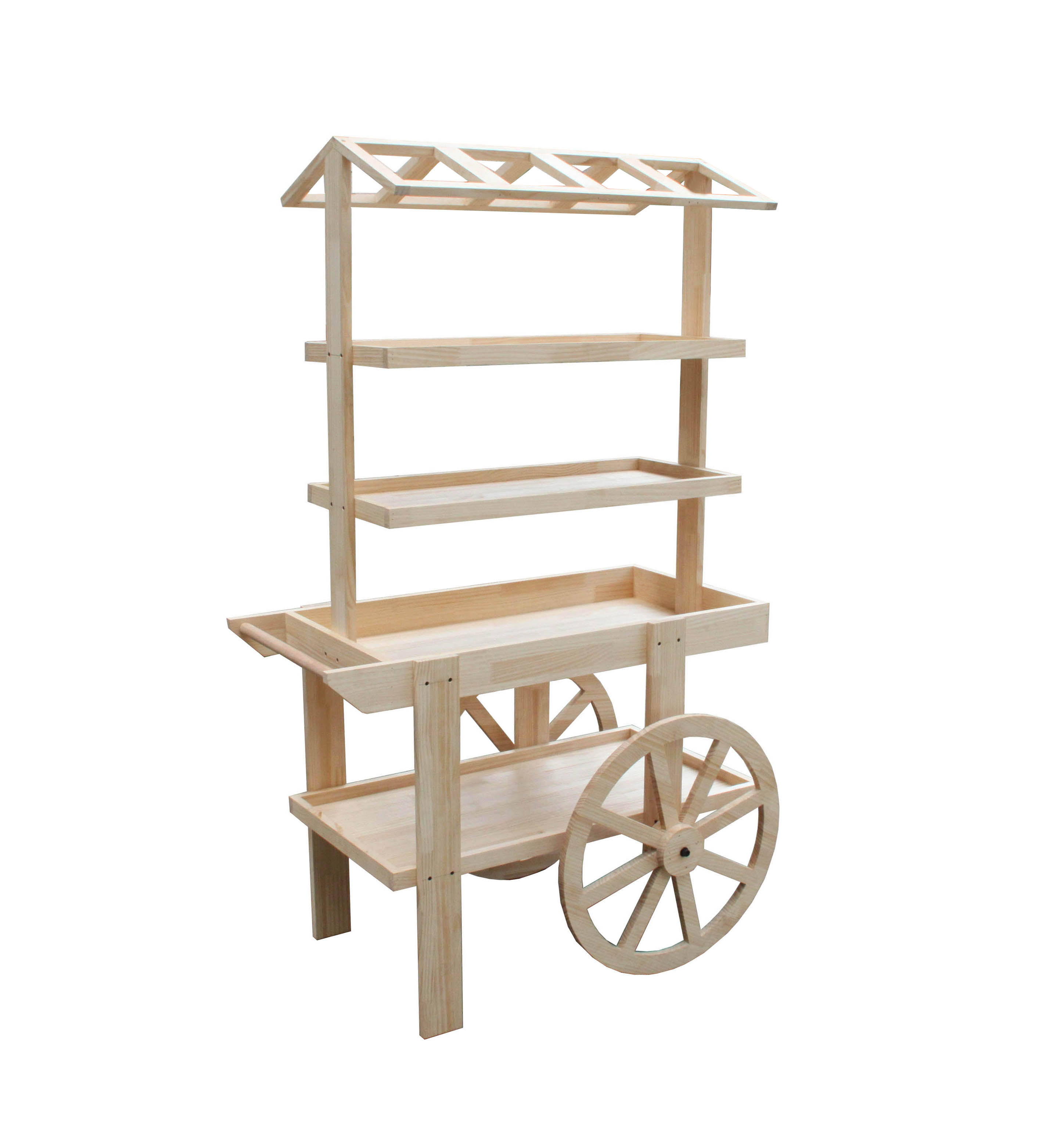 FixtureDisplays 42.0x22 x 67.5x22 x 27.0x22 Wooden Vendor Cart w/ 3 Shelves - Pine 19402