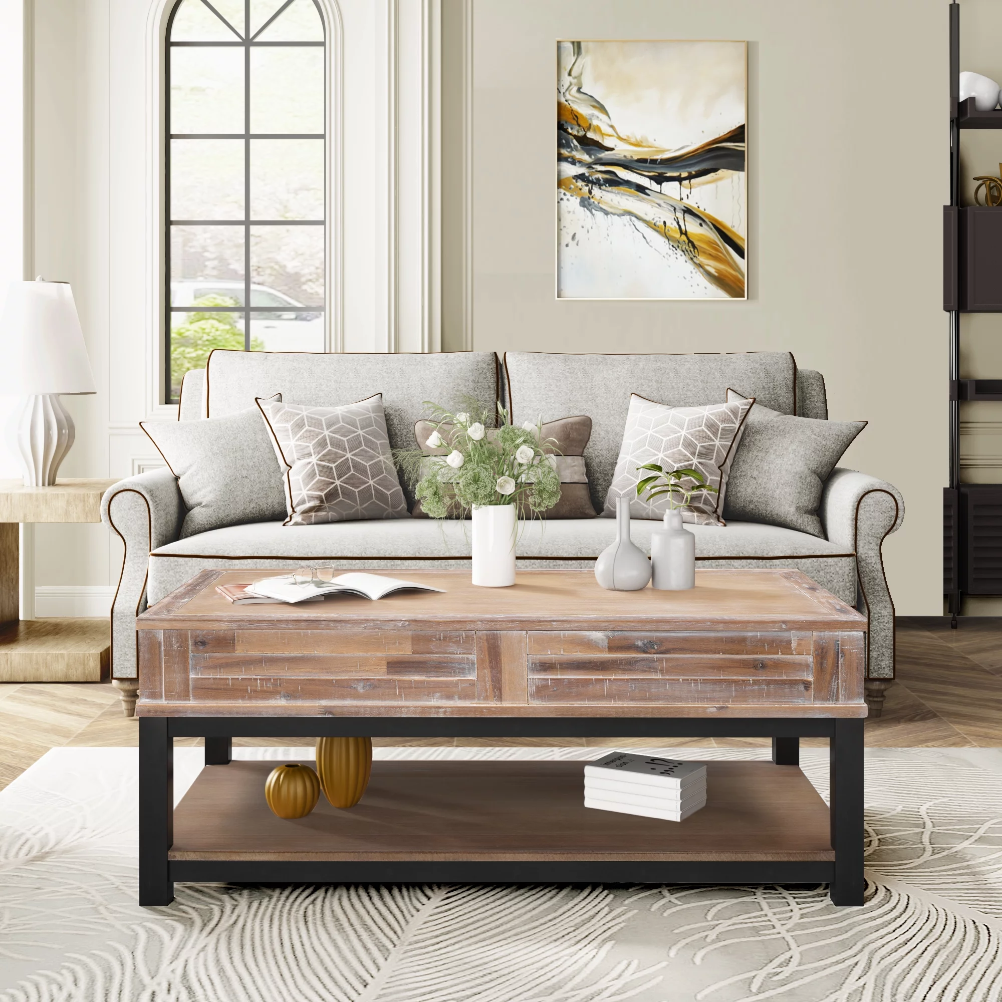 Lift Top Coffee Table with Hidden Storage Compartment and Lower Shelf for Living Room, Solid Wood Legs Inner Storage Space and Shelf for Living Room - Curated Treasures Market