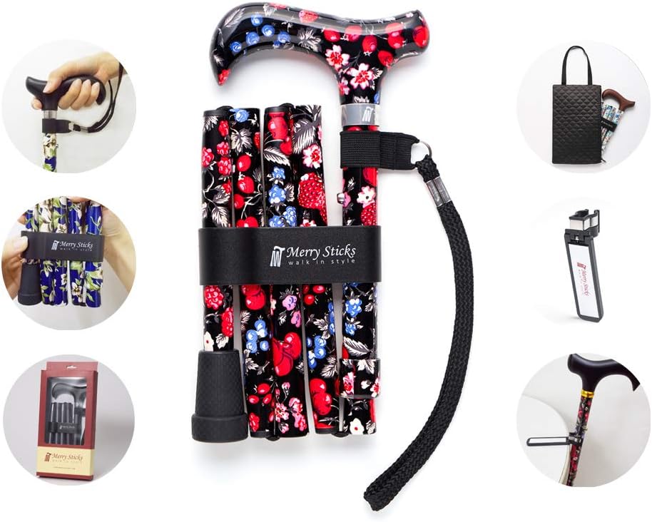 [Combo Set] Merry Sticks Designer Folding Adjustable Walking Cane. Includes a Convenient Cane Bag and a Smart Reflective Cane Holder. Walking Stick