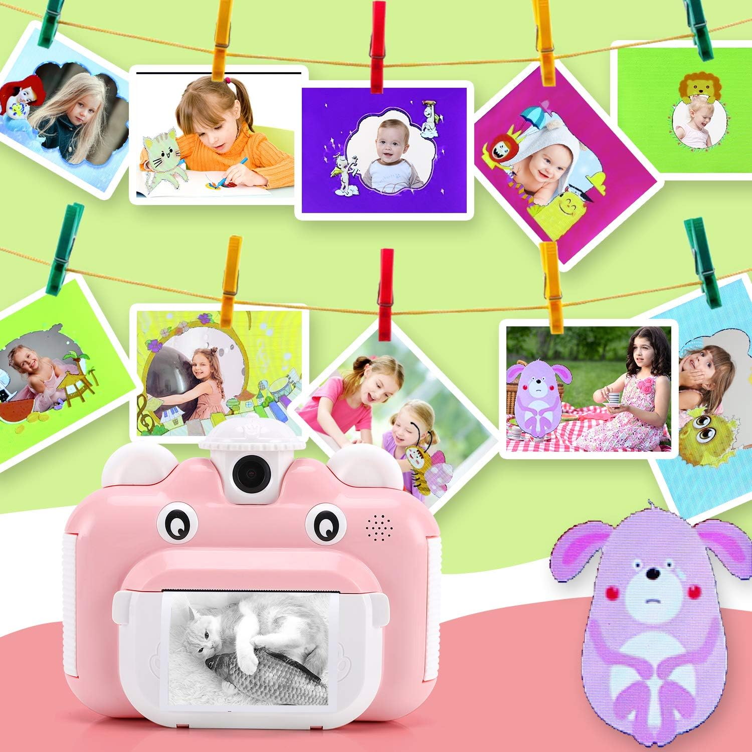 Barchrons Instant Print Digital Kids Camera 1080P Rechargeable Kids Camera for Girls Video Camera with 32G SD Card Gift for 6-12 Years Old Girls Boys Merry Christmas