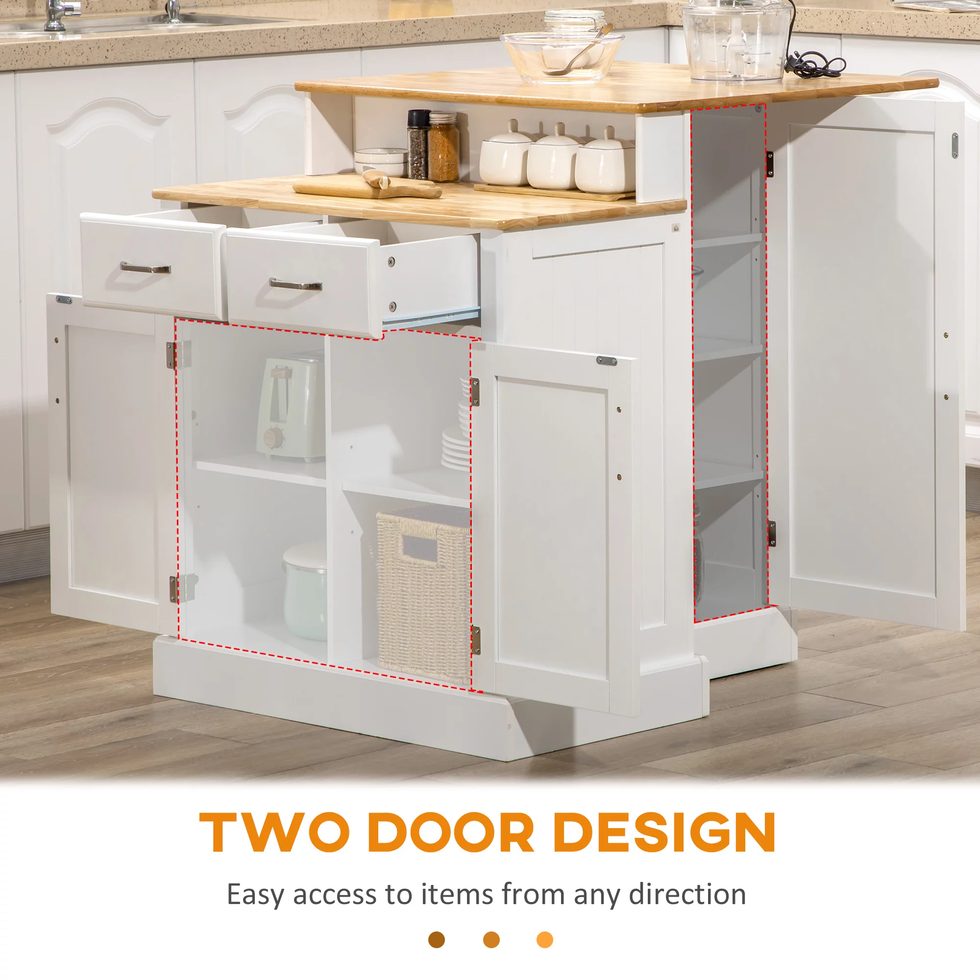 HOMCOM Kitchen Island with Storage Cabinet and 2-Level Rubber Wood Tabletop, Island Table with Adjustable Shelves and Drawers, White