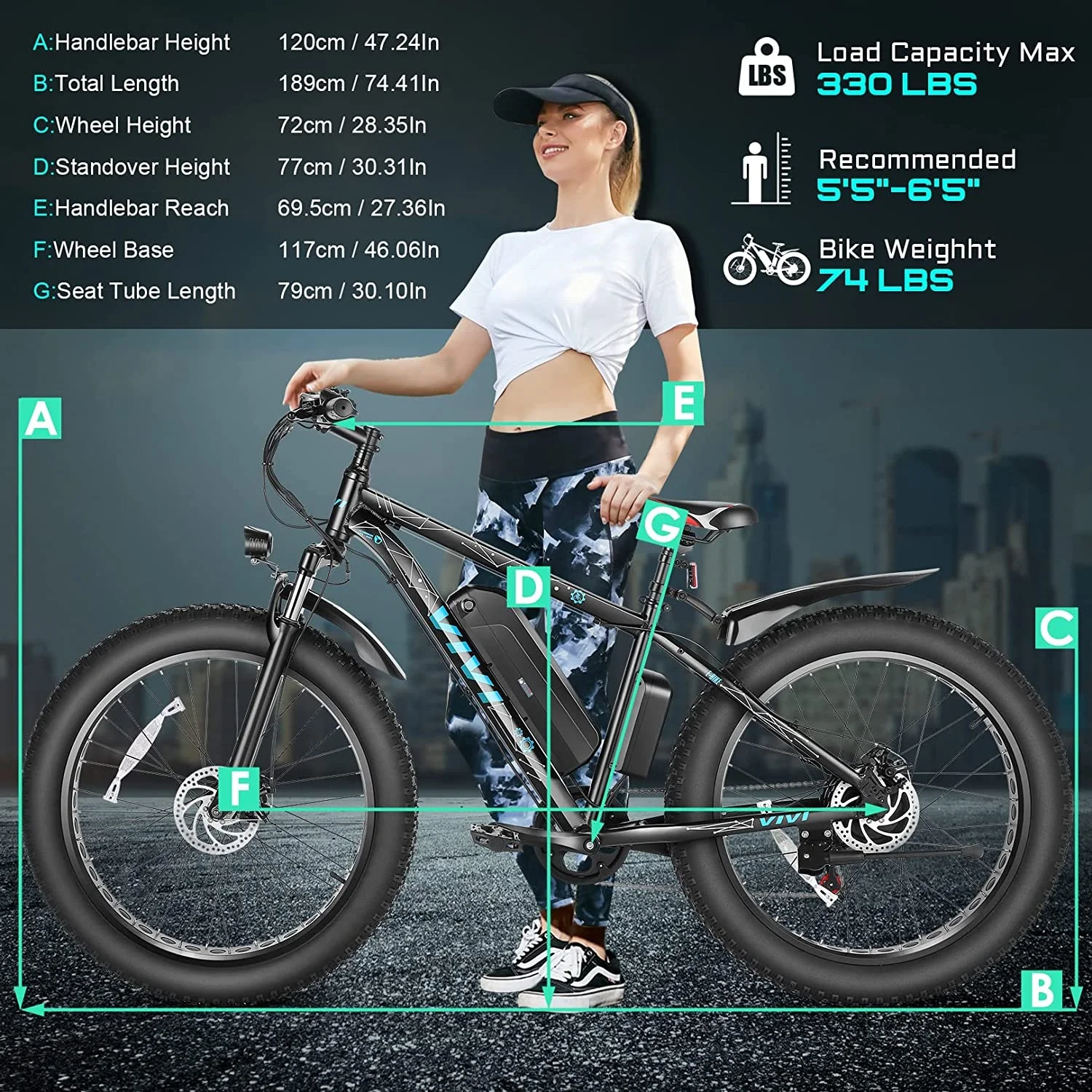 Vivi Electric Bike 26 x 4.0 Fat Tire Electric Bike 500W All Terrain Electric Bike 50 Miles Long Range Electric Mountain Bike Beach Bike Snow Bike