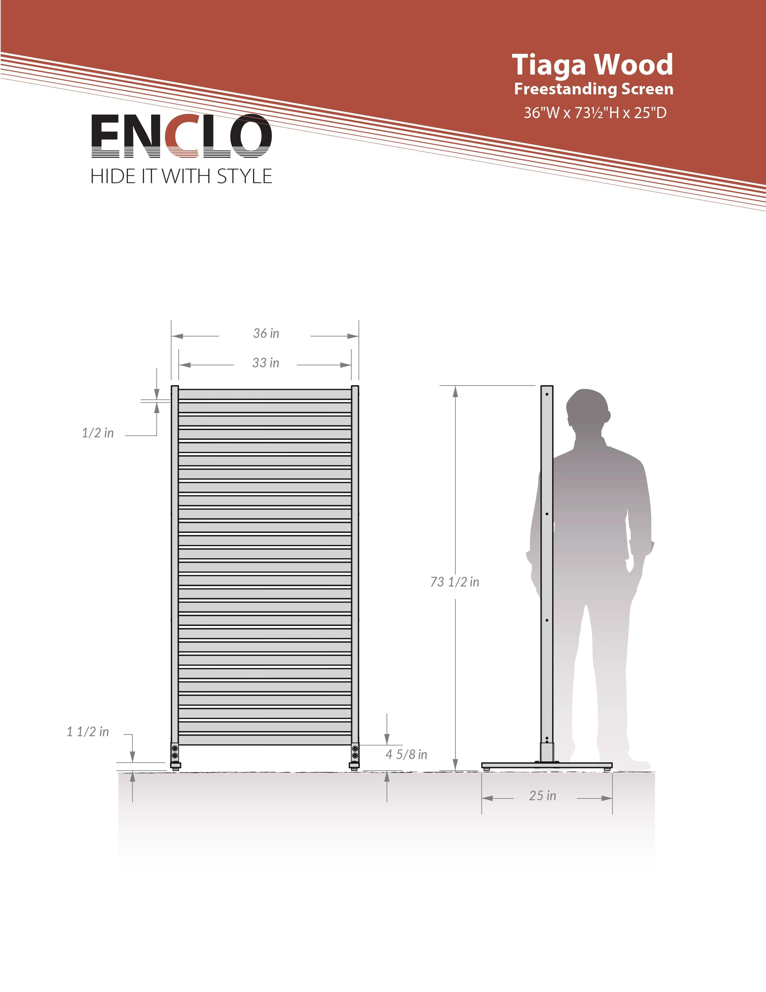 Enclo Privacy Screens EC18030 Tiaga 6 ft H x 3 ft W Freestanding or Surface Mounted Slatted Premium Wood Privacy Screen Kit (1 Panel)