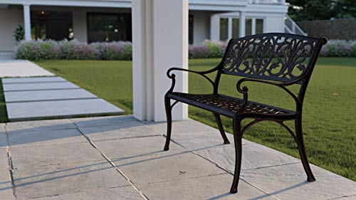 63284 Decatur Cast Aluminum Patio Bench Heavy Duty Rust Free Metal Construction Front Porch Backyard Lawn Garden Pool Deck Outdoors Fleur-De-Lis Design - Antique Bronze Finish