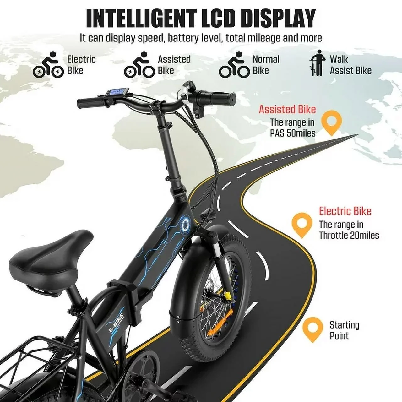 Electric Bike, Foldable 20" x 4.0 Fat Tire Electric Bicycle with 500W Motor, 48V 10.4AH Removable Battery, LCD Display, 5 Woking Modes Ebike for Adults