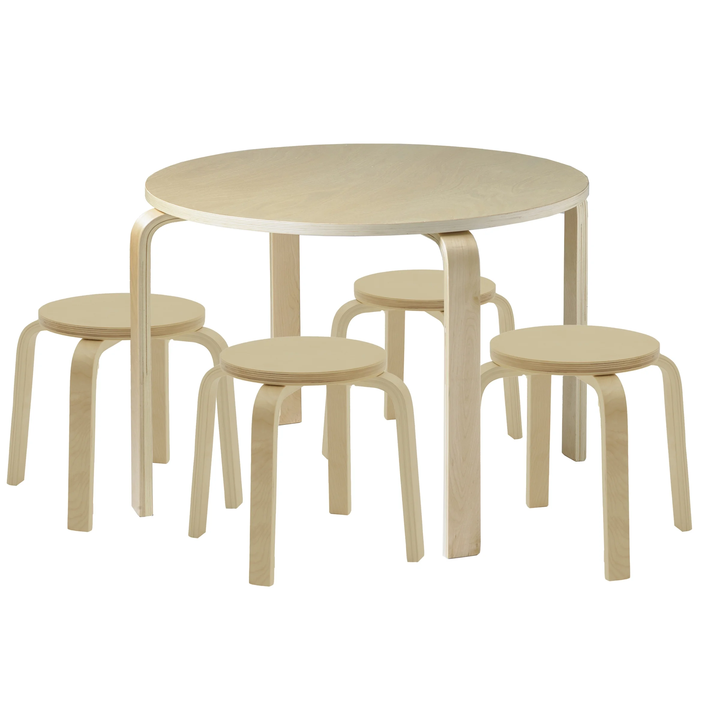 ECR4Kids Bentwood Round Table and Stool Set, Kids Furniture, Natural, 5-Piece