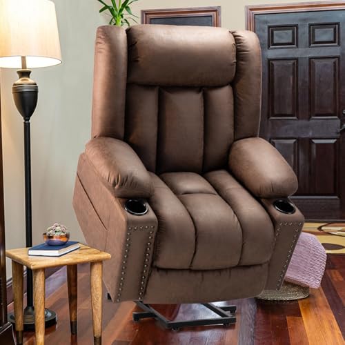 Large Power Lift Chairs Recliners for Elderly with Heated and Massage, Overstuffed Adjustable Lift Chairs, 3 Positions, Breathable Leather, USB-A and USB-C, Cup Holder, Side Pocket Dark Brown