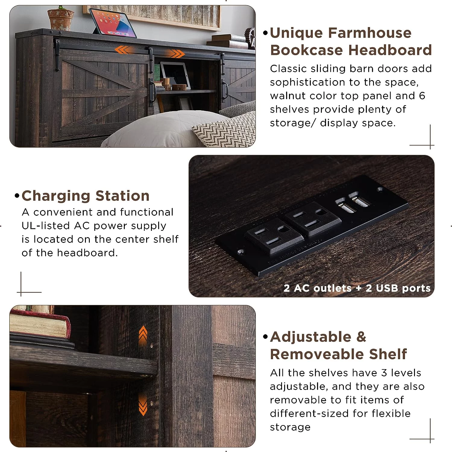 OKD Modern Farmhouse Full Platform Bed with Bookcase Headboard Storage and Charging Station, No Box Spring Needed, Anitique White Finish