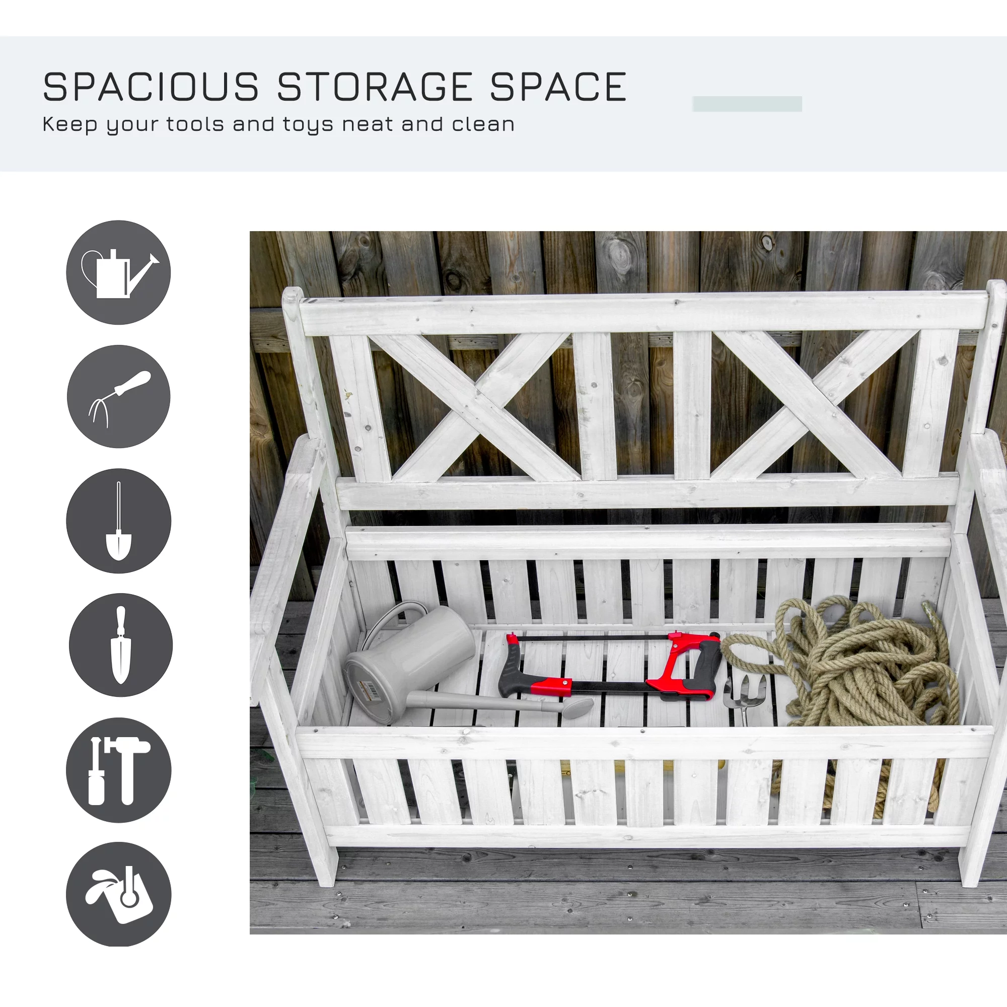 Outsunny Patio Wooden Bench with Storage Box, 29 Gallon Outdoor Storage Bench, Large Entryway Deck Box w/ Unique X-Shape Back, for Deck, Porch & Balcony, White