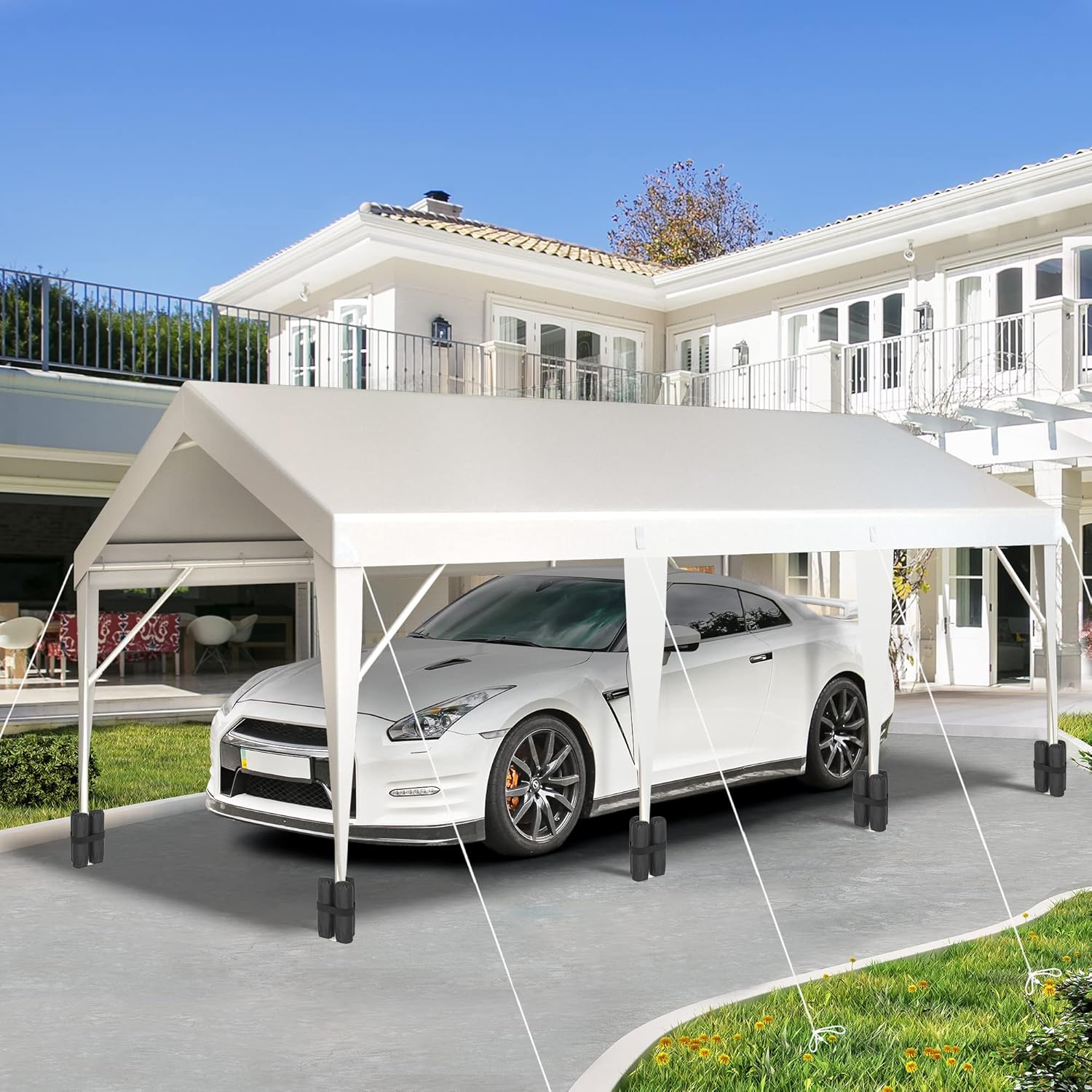 YITAHOME 10' x 20' Carport Heavy Duty Galvanized Frame Car Shelter Car Canopy with 4 Sandbags, Portable Garage Tent Boat Shelter, White
