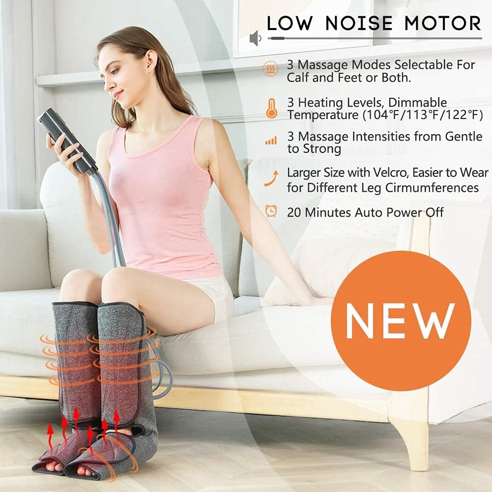 Leg Massager for Circulation with Heat, Air Compression Foot Massage Handheld Controller with 3 Mode 3 Intensities Calf Massage Machine for Home and Office Use (Black)