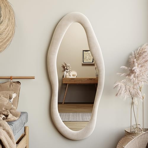 Honyee Full Length Mirror, 63" x 24" Wall Mirror, Flannel Wrapped Wooden Frame Floor Mirror, Irregular Wavy Mirror Hanging or Leaning Against Wall for Cloakroom/Bedroom/Living Room, Milk Tea