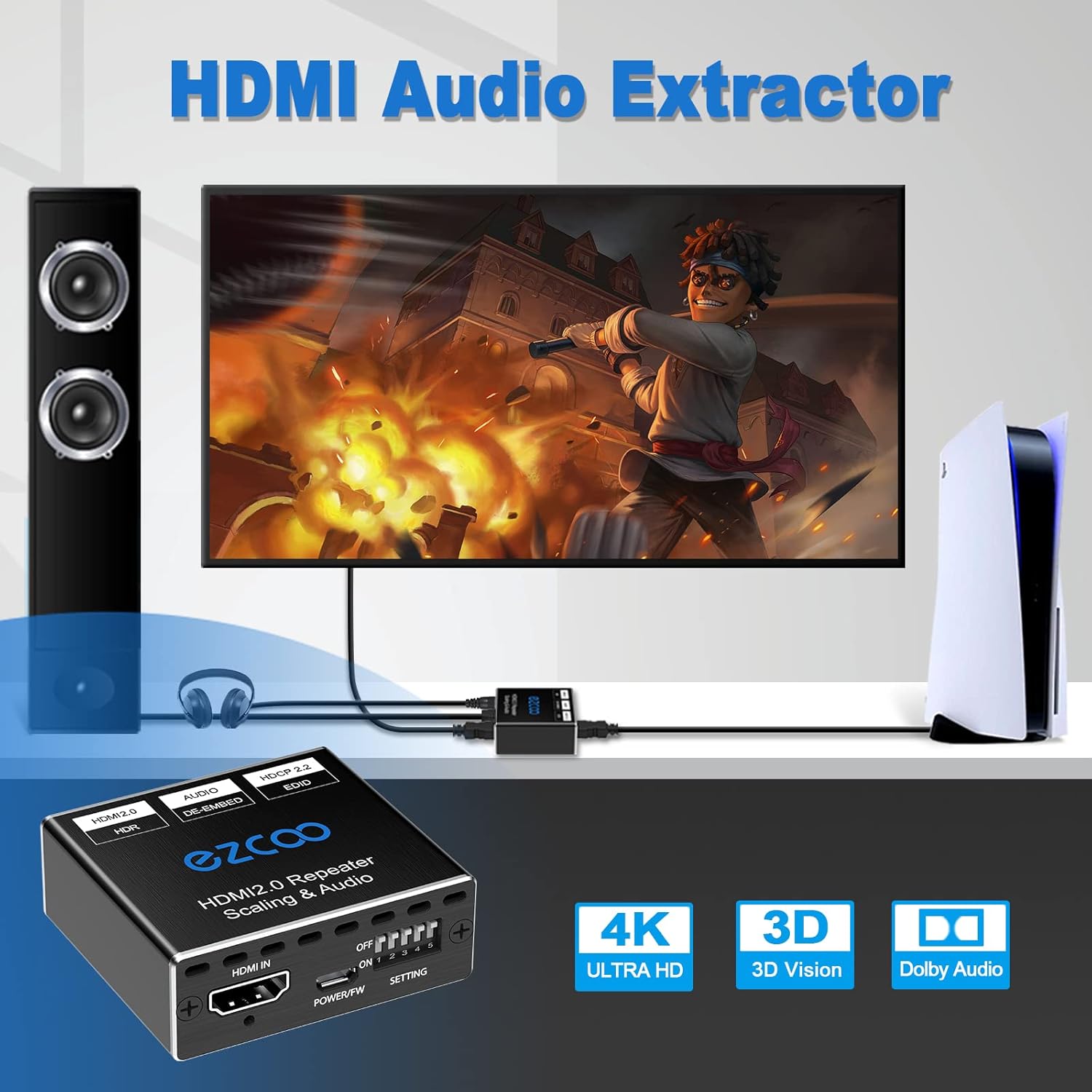 HDMI Splitter 1x1 Audio Extractor 4K 60Hz Atmos CEC EDID/Down-Scale/HDCP Switch Fit Various Video- SPDIF 5.1CH Optical Toslink,Stereo Audio Breakout, HDMI Repeater Digital De-embedder Decoder EX11PRO