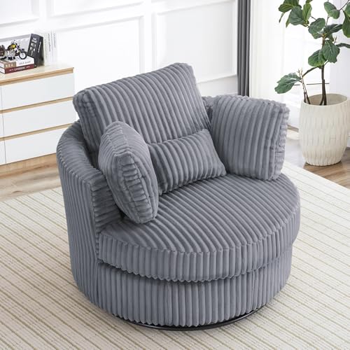 Chair and A Half with Ottoman, 360° Swivel Accent Barrel Chair Modern Comfy Round Reading Sofa Swivel Chairs Circle Lounge Chair for Bedroom Living Room w/4 Pillow Lower Seating Heigh (White, Large)