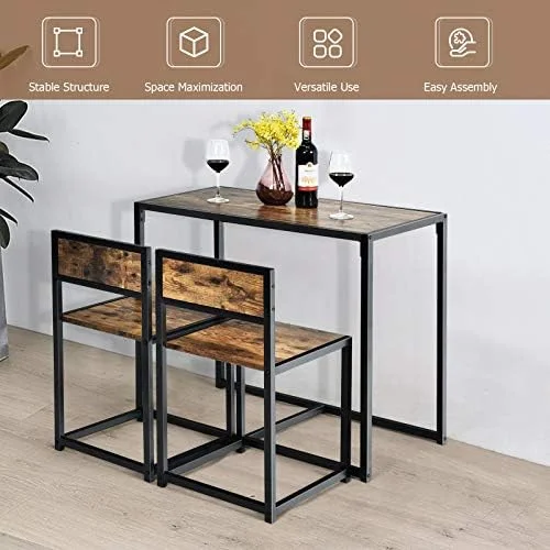 xrboomlife 3 Piece Dining Set  Industrial Dining Table with 2 Chairs  Small Kitchen Table Set with Metal Frame  Compact Bistro Table Set  Pub Breakfast Table for Small Space  Apartment (A