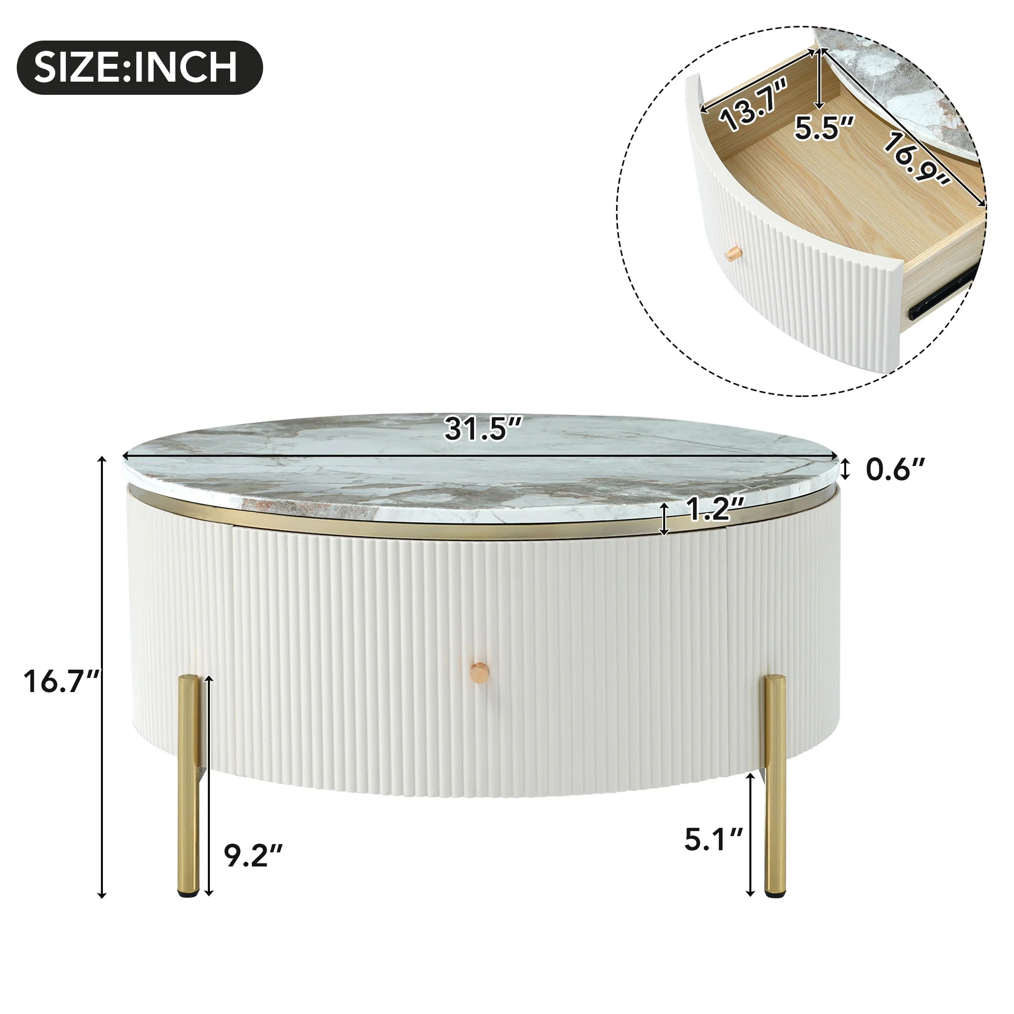 CoSoTower Modern Round Coffee Table with 2 Large Drawers Storage Accent Table(31.5'')