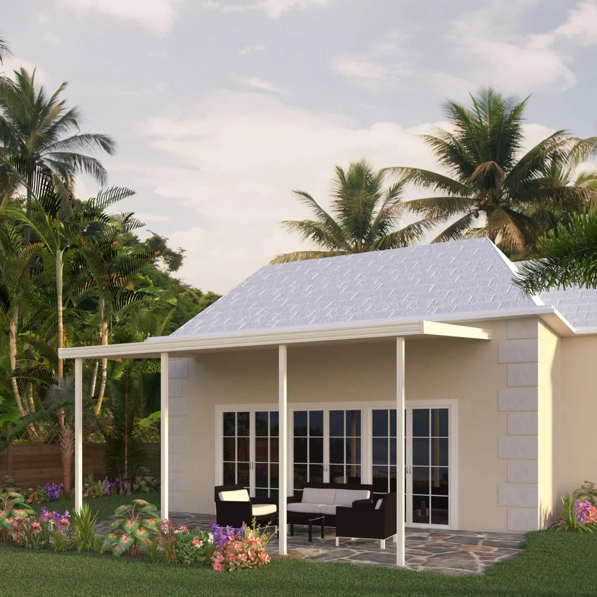 Four Seasons OLS TWV Series 20 ft wide x 14 ft deep Aluminum Patio Cover with 10lb Snowload & 4 Posts in Ivory