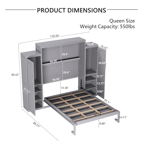 KLMM Wooden Murphy Bed Wall Bed with 2 Wardrobe and Storage Shelf,Foldable Platform Bedframe for Guest-Room Bedroom Study Office Use (White#E, Full)