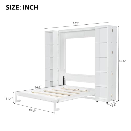 MERITLINE Foldable Hidden Queen Murphy Bed Cabinet with Storage Bookshelf Bookcase, Wood White Murphy Wall Bed with Storage Shelves for Adults (Espresso)