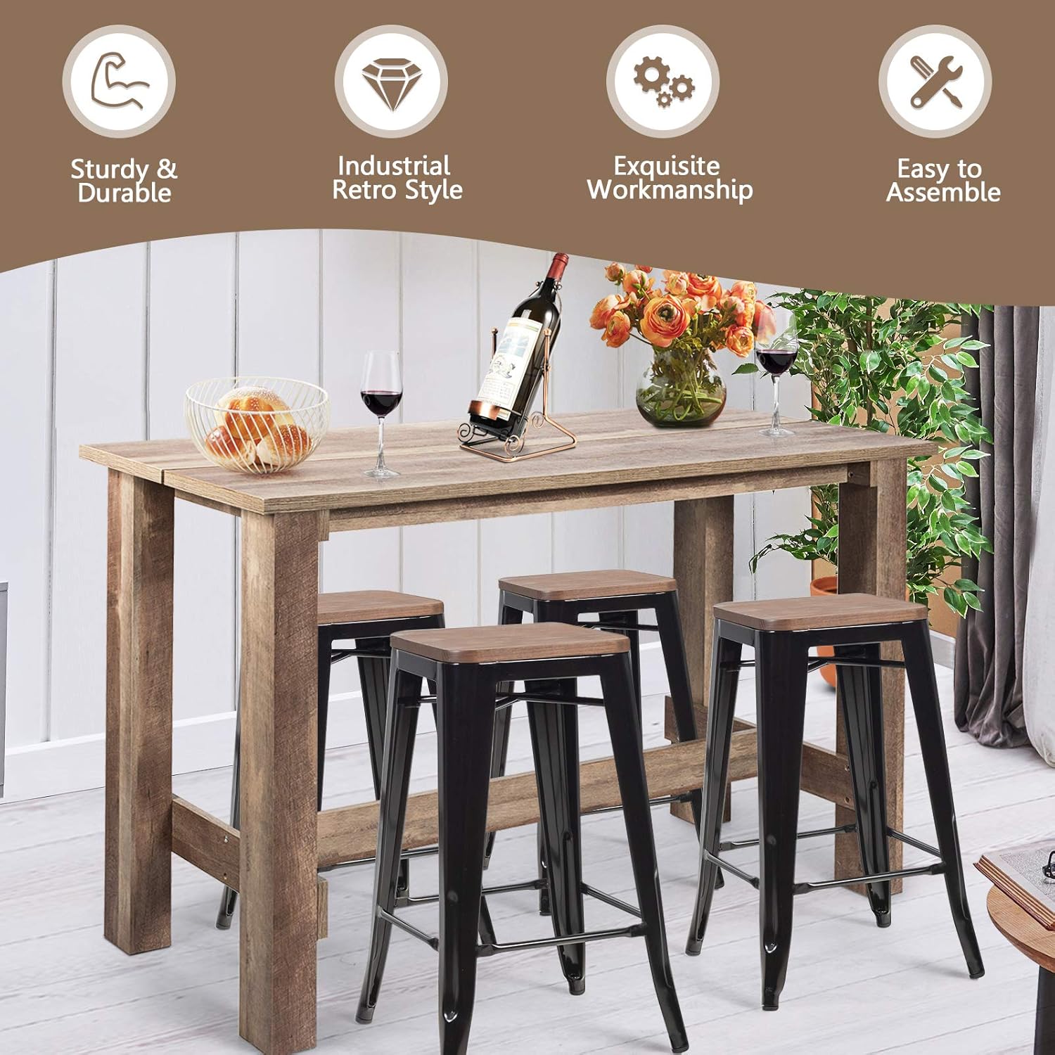 COSTWAY 5 Pcs Dining Table Set, Industrial Counter Height Dining Set with Wooden Table and 4 Metal Backless Barstools, Modern Kitchen Table and Chairs Set for Patio Bistro Restaurant Cafe