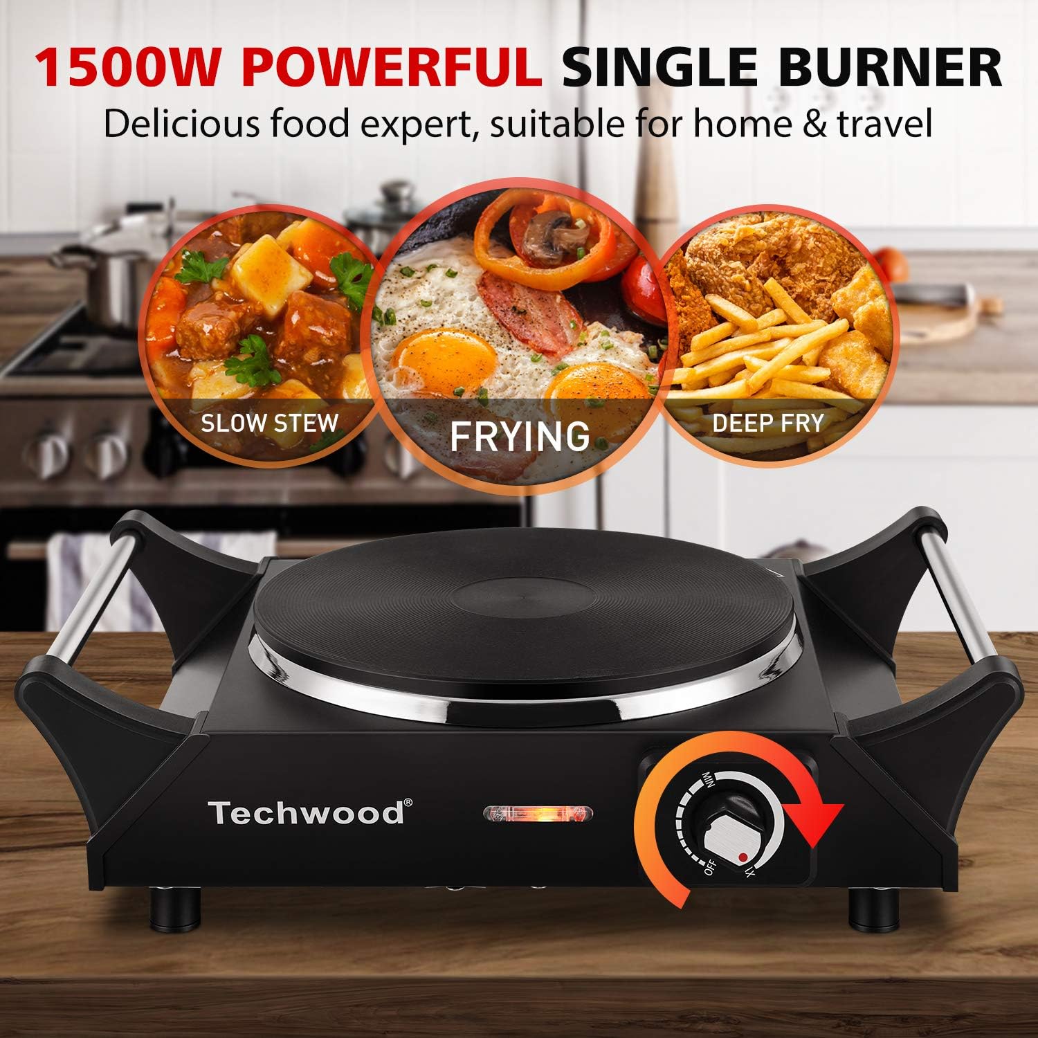 Hot Plate, Techwood Portable Electric Stove for cooking, 1200W Countertop Infrared Single Burner with Handles & 7.5&rdquo; Glass Cooktop for RV/Home/Camp, Compatible for All Cookwares Upgraded Version