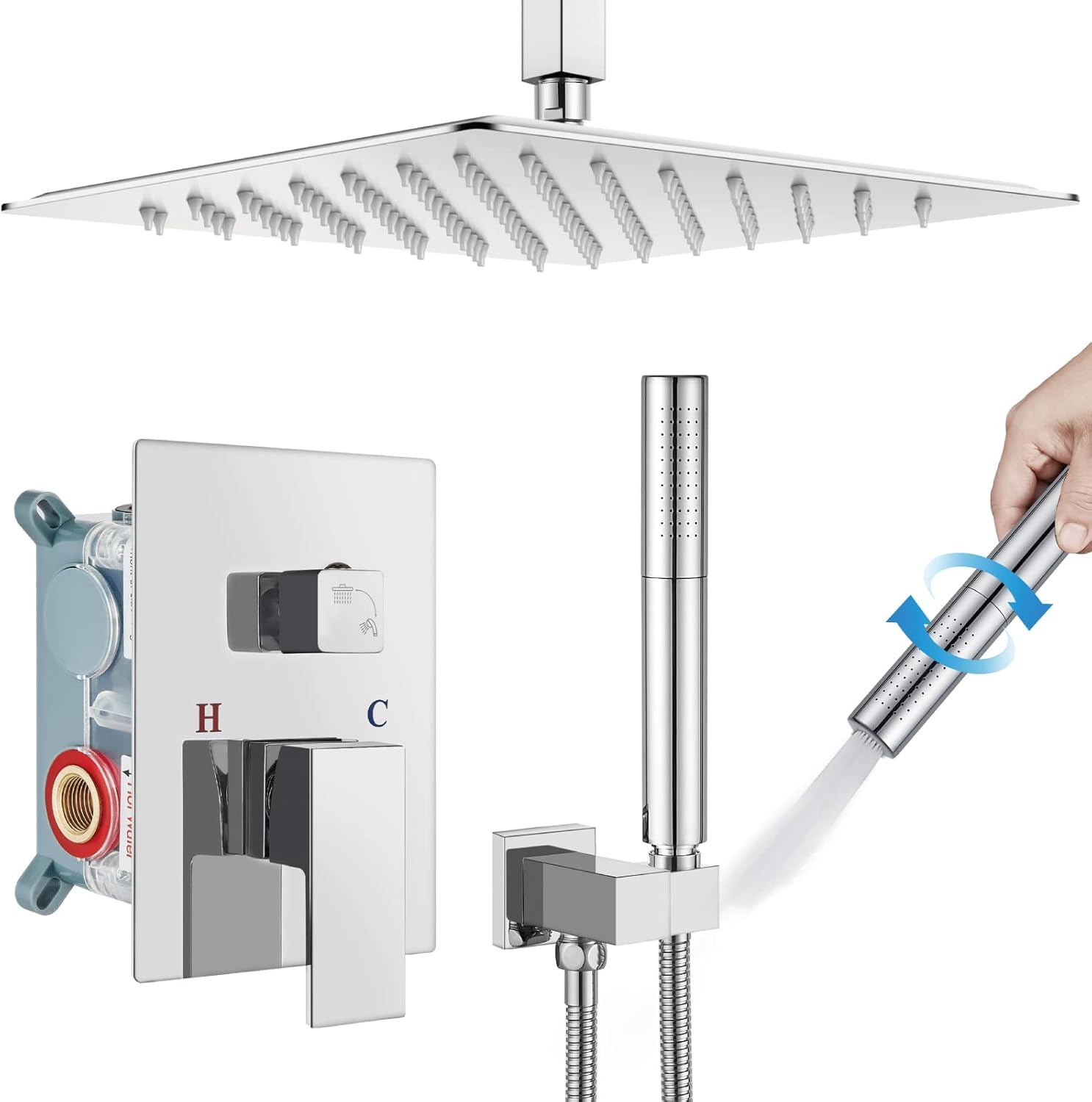 Chrome Polished Ceiling Mount Shower Faucet Set 12 Inch Square Showerhead Bathroom Rainfall Shower System SUS304 Stainless Steel Shower Trim Kit 2 in 1 Cylindrical Handheld shower with Rough-in Valve