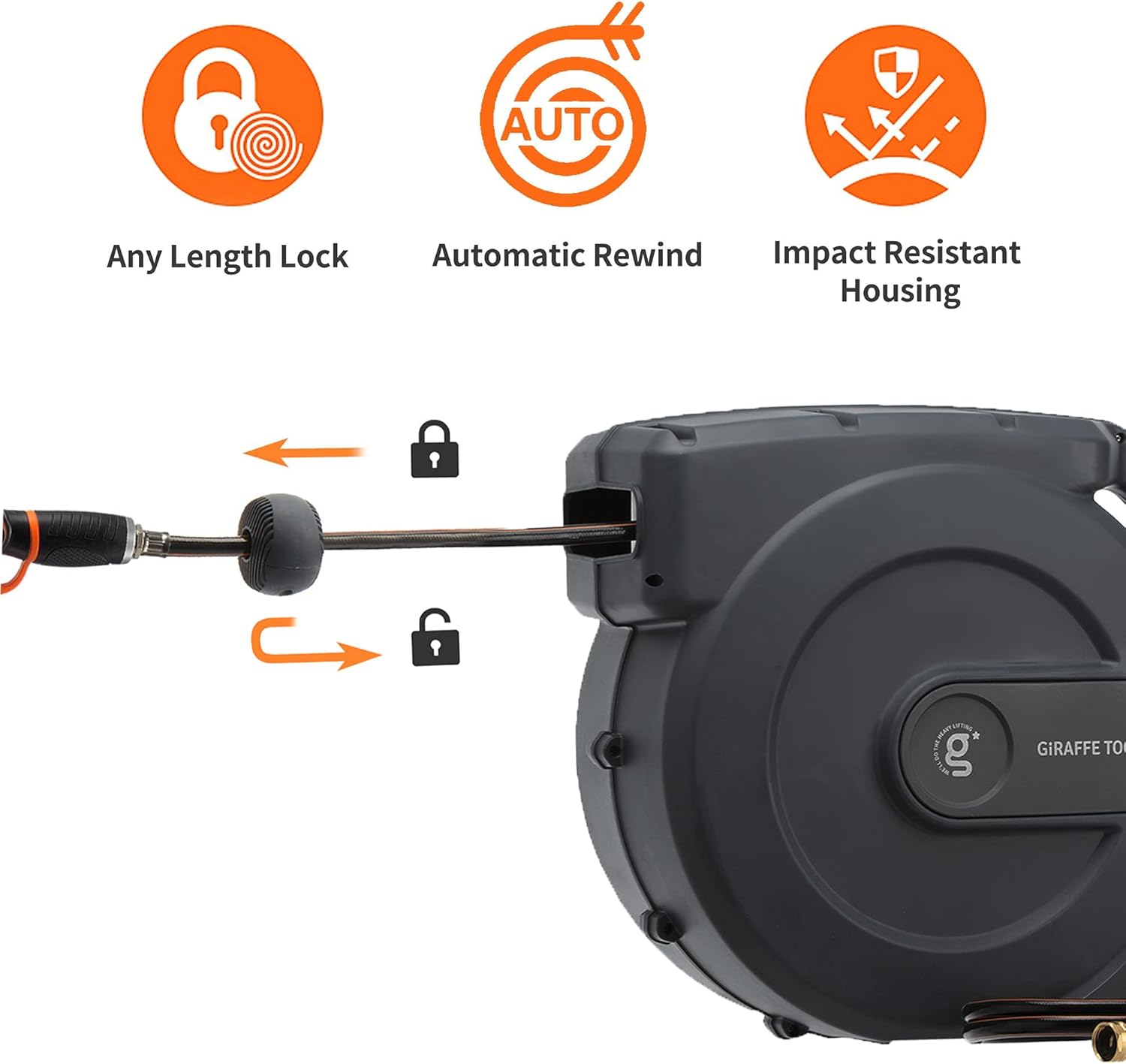 Giraffe Retractable Garden Hose Reel 1/2" x 155+5 ft, Heavy Duty Wall Mounted Water Hose Reel with Automatic Rewind, 180° Swivel Bracket, Slow Retraction Technik, 9 Pattern Nozzle