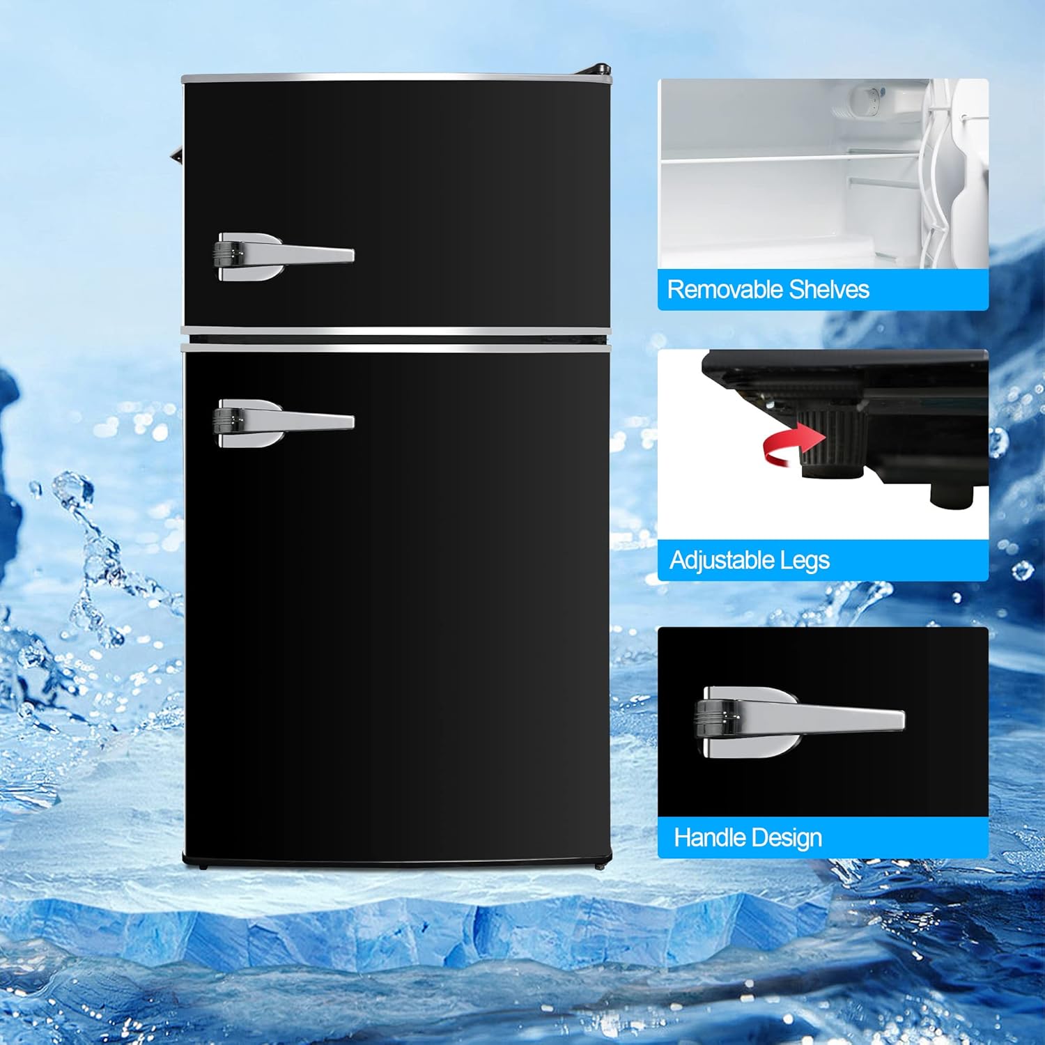 3.2 Cu.Ft Small Refrigerator with Freezer, 2 Door Black Mini Fridge, Energy Saving, Adjustable Thermostat Control, Adjustable Legs, Perfect for Apartment/Office/Dorm/Garage
