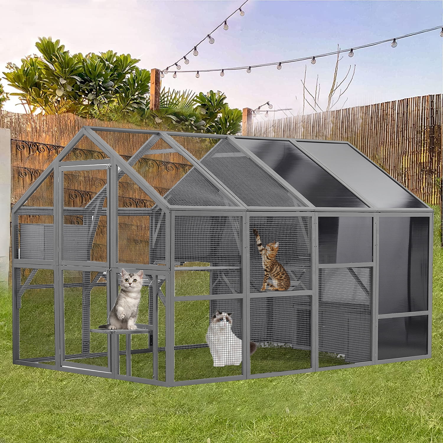 Cat House Outdoor Luxurious Cat Condo, Segmart Walk-in Weatherproof UV Proof Walk in Catio Enclosure Iguana Cage with Sunshine Board, Super Large Enter Door, Sleeping Houses, Bridges, Dark Grey - Curated Treasures Market