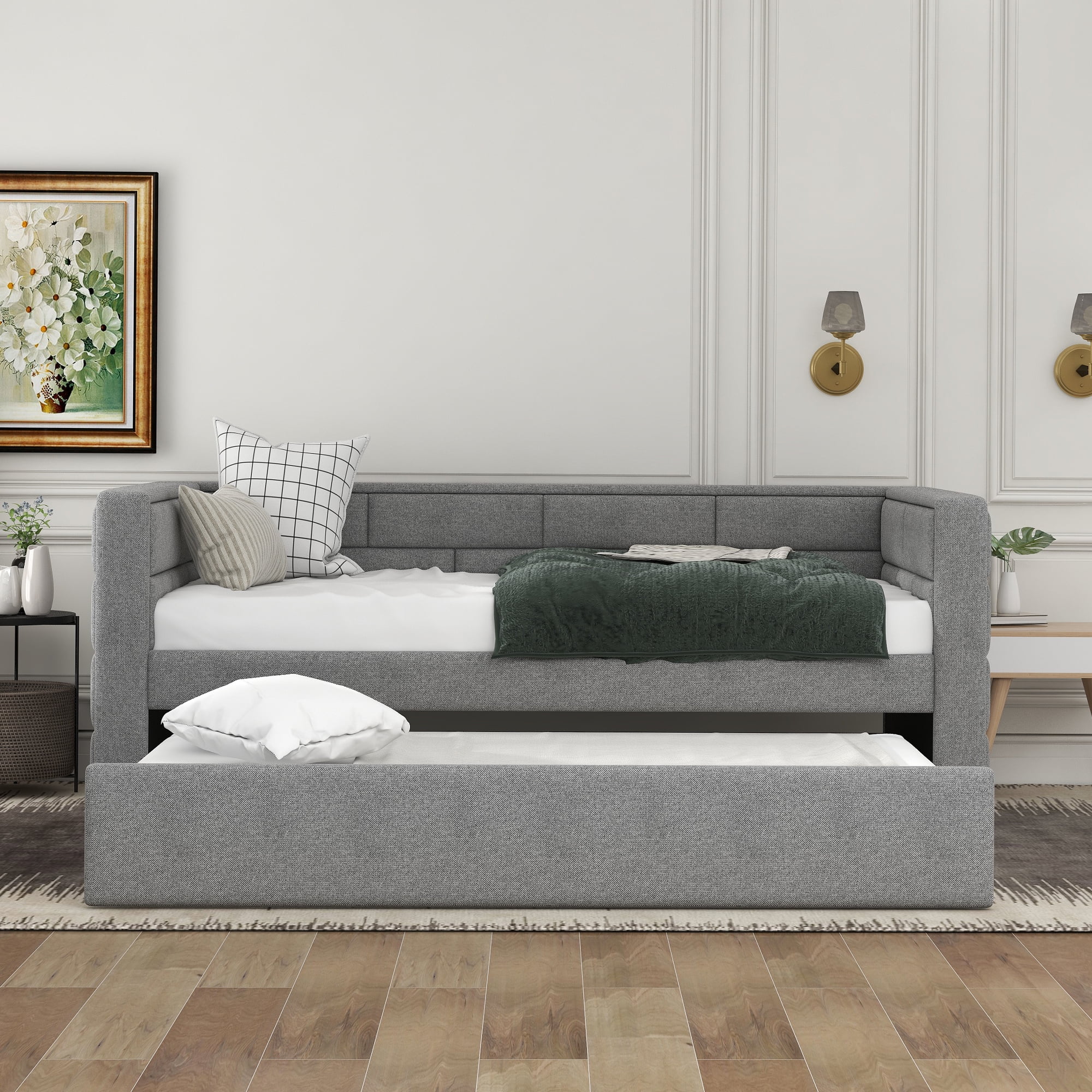 Pull Out Double Sofa Bed Full Size Sofa Bed Full Sofa Bed Double Size Sofa Bed with Rollers Upholstered Sofa Bed with Upholstered Backrest Easy to Assemble Grey